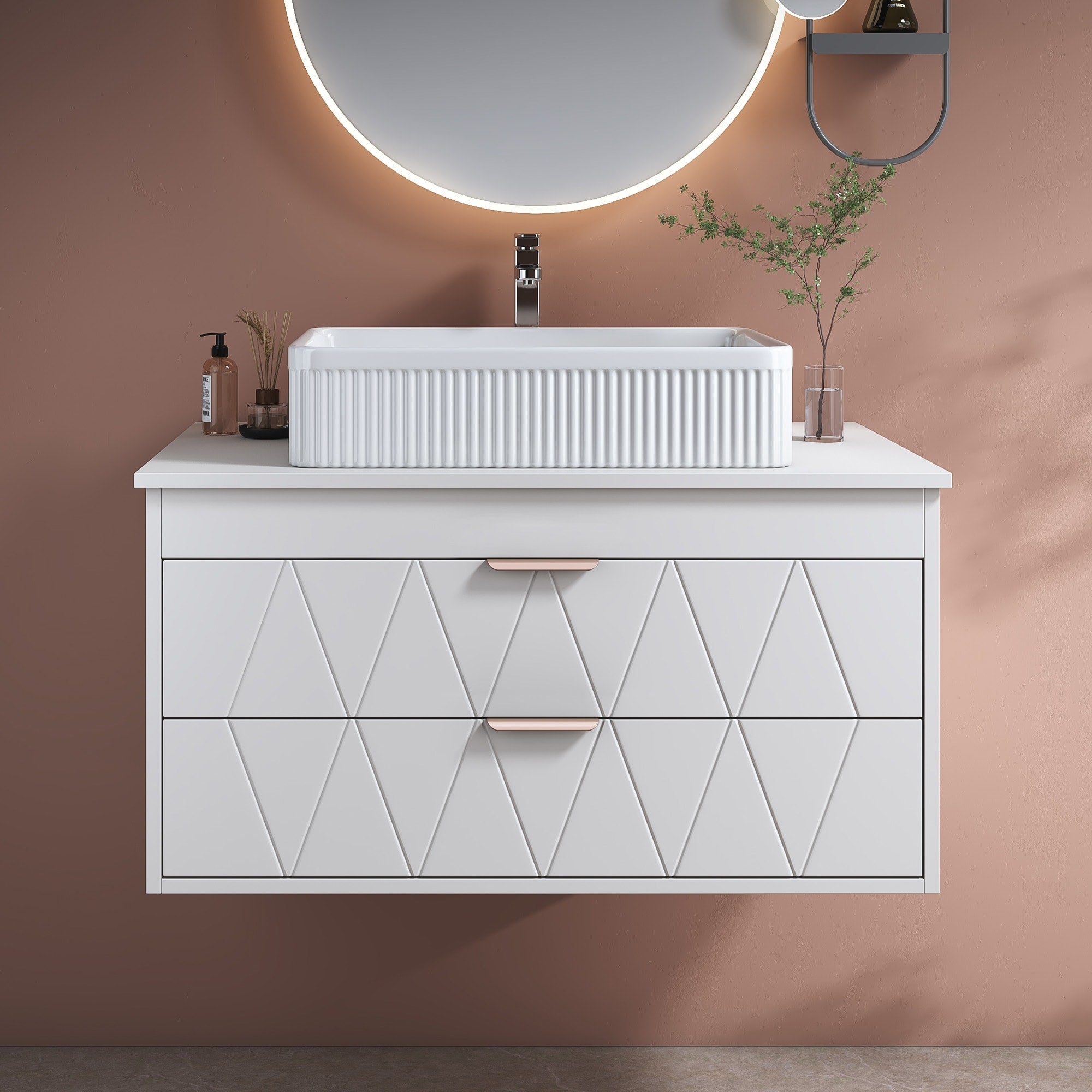 Gdfstudio Modern 31.5 Floating Wall Mounted Bathroom Vanity With Vessel Sink Soft Close Drawers Diamond Patterned Design