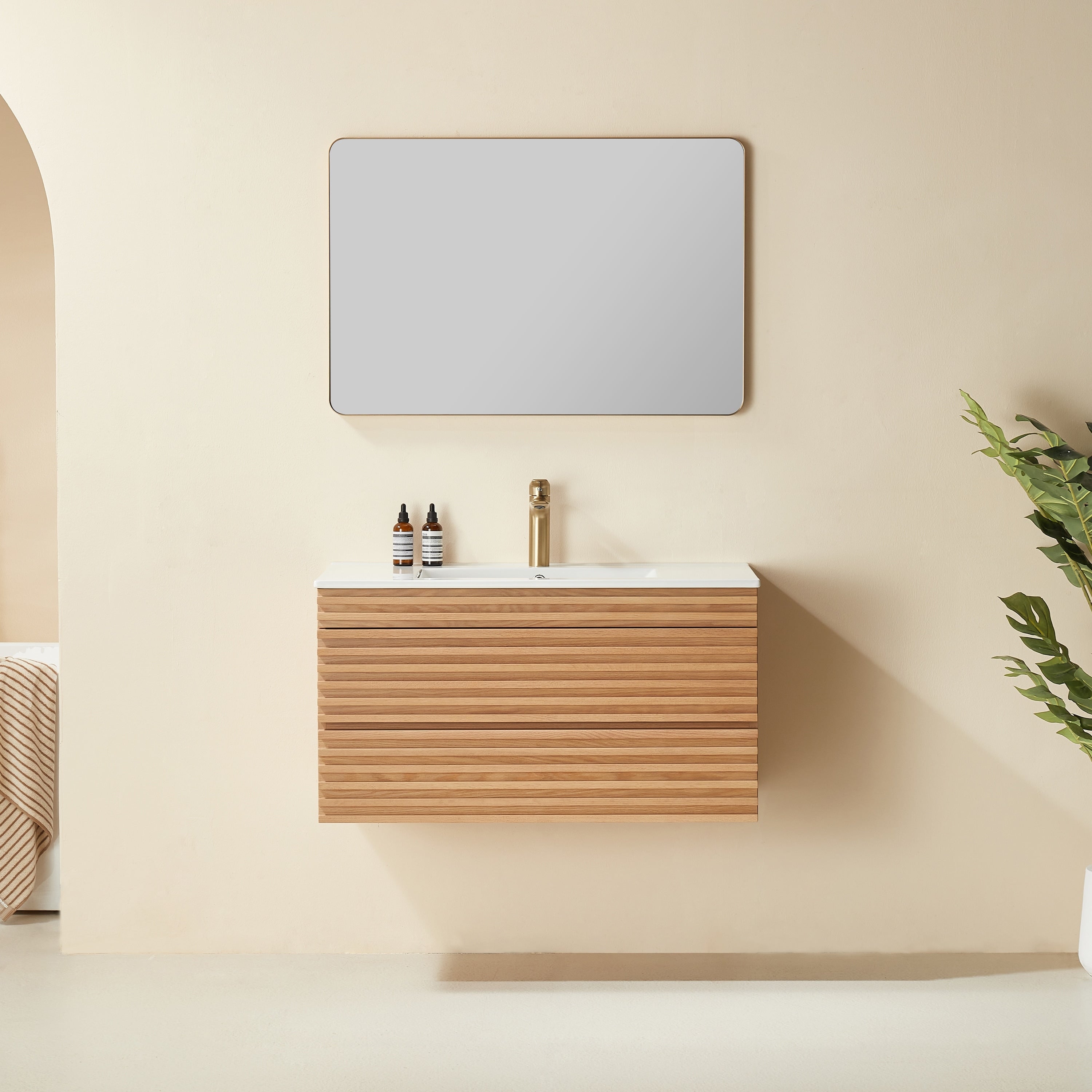 Gdfstudio Modern 36 Wall Mounted Floating Bathroom Vanity With Integrated Ceramic Basin Soft Close Drawers Fully Assembled