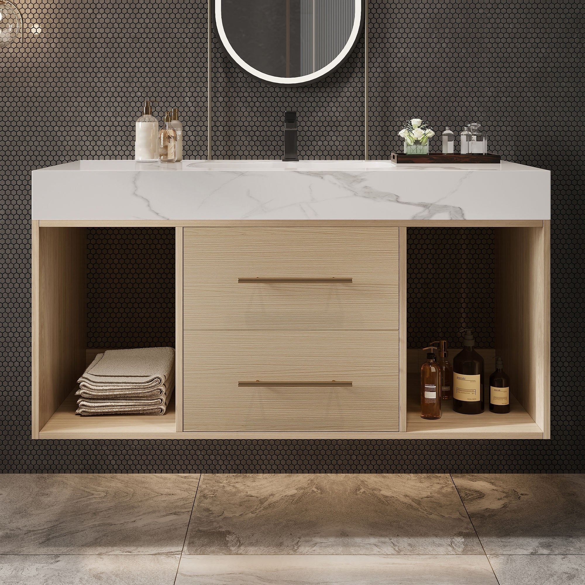 Gdfstudio Modern 39.4 Wall Mounted Floating Sintered Stone Bathroom Vanity With Seamless Ceramic Sink Soft Close Drawers