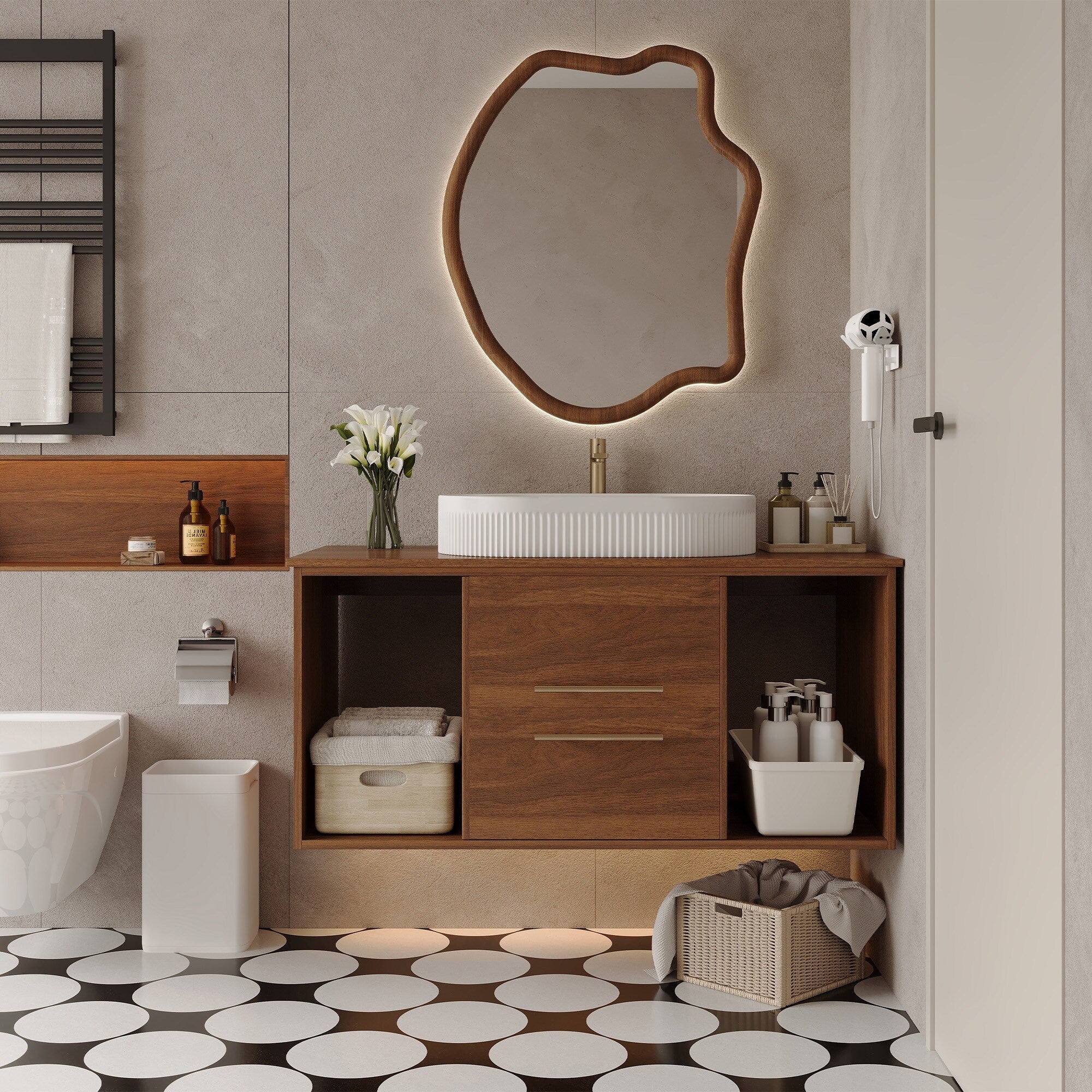 Gdfstudio Modern 39.4 Wall Mounted Multi Layer Solid Wood Bathroom Vanity With Ceramic Vessel Sink Open Shelf Storage 40