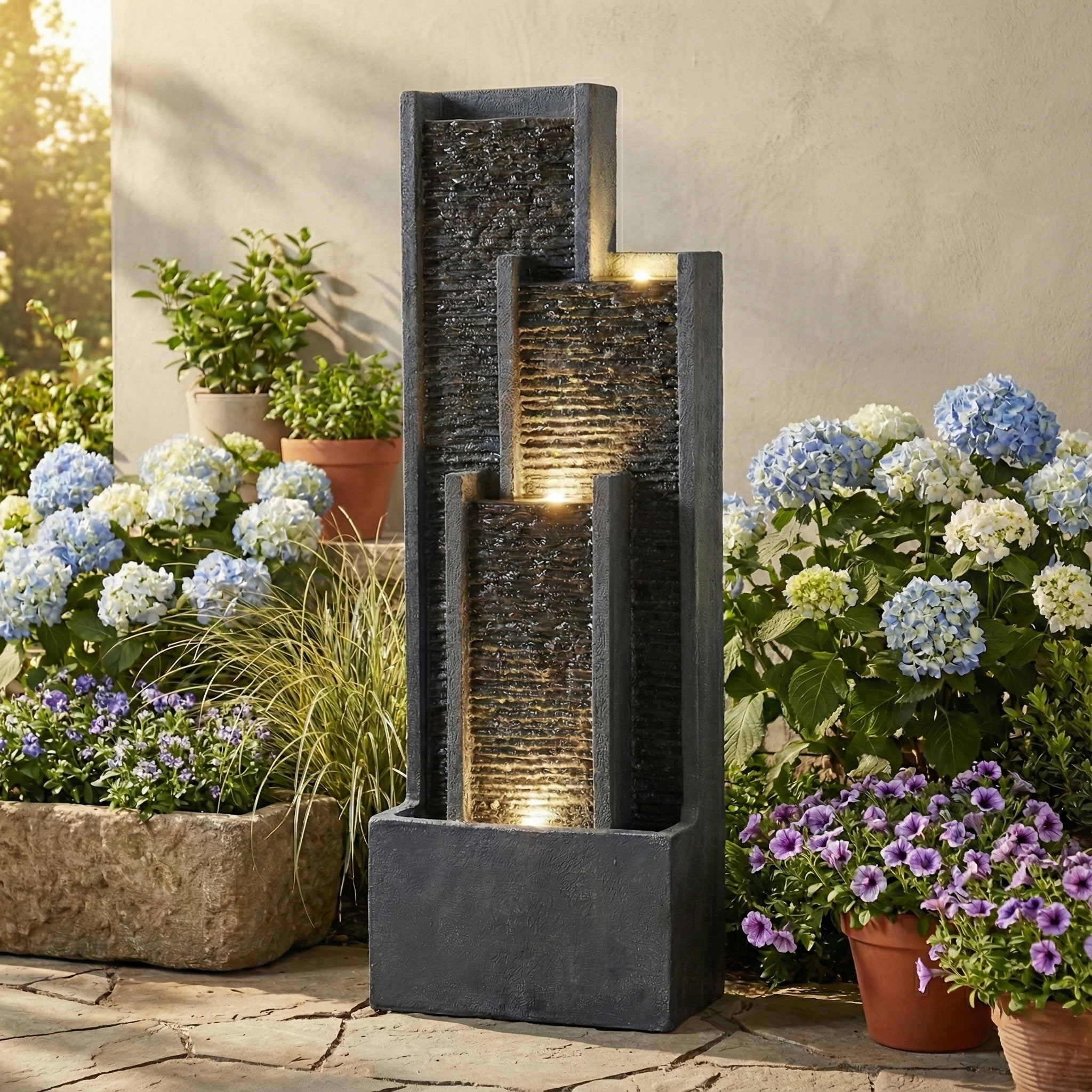 Gdfstudio Modern 40 Outdoor Indoor Water Fountain With Floor Standing Curved Cascading Waterfall Led Lights