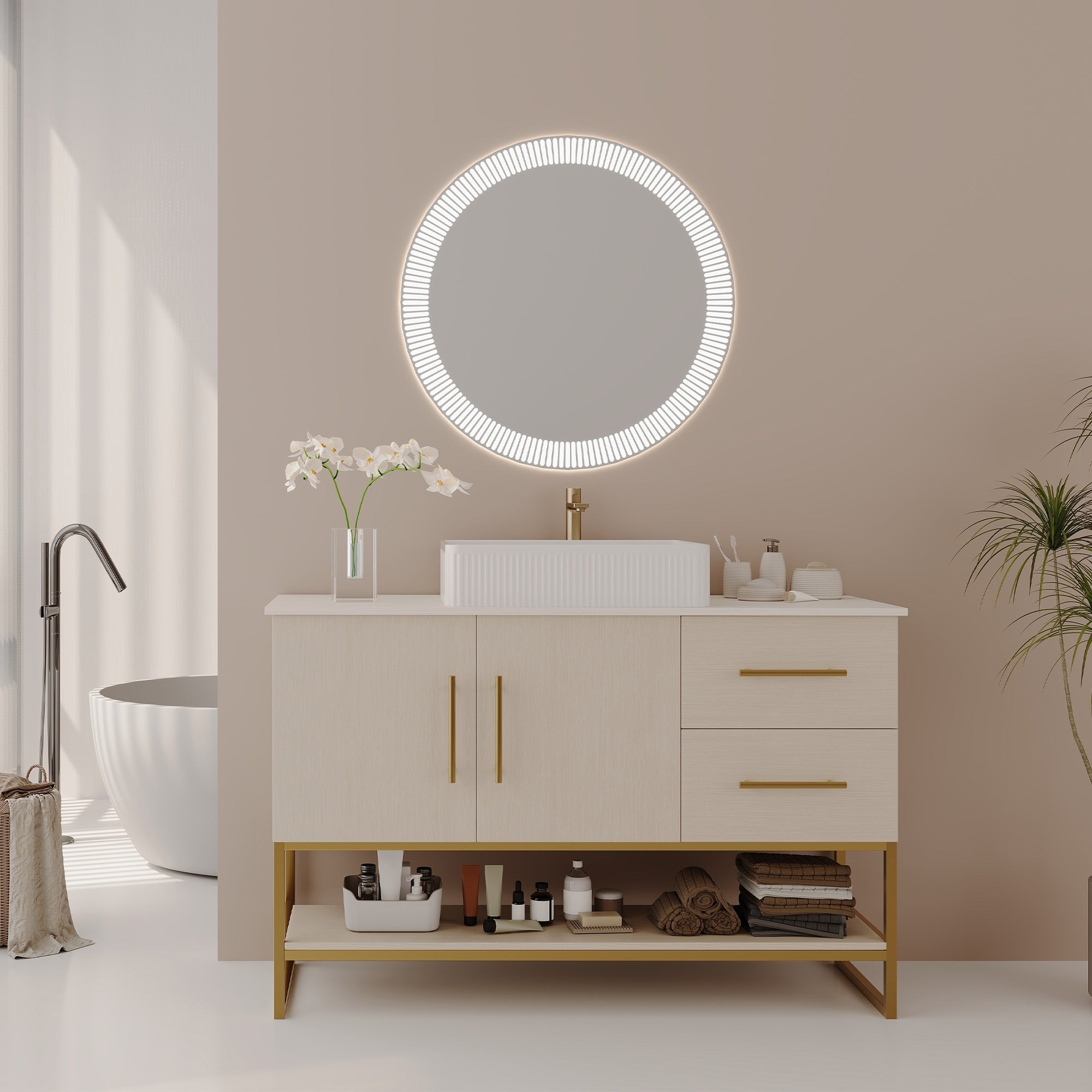 Gdfstudio Modern 47.2 Freestanding Wood Bathroom Vanity With Ceramic Vessel Sink Gold Accent Soft Close Drawers