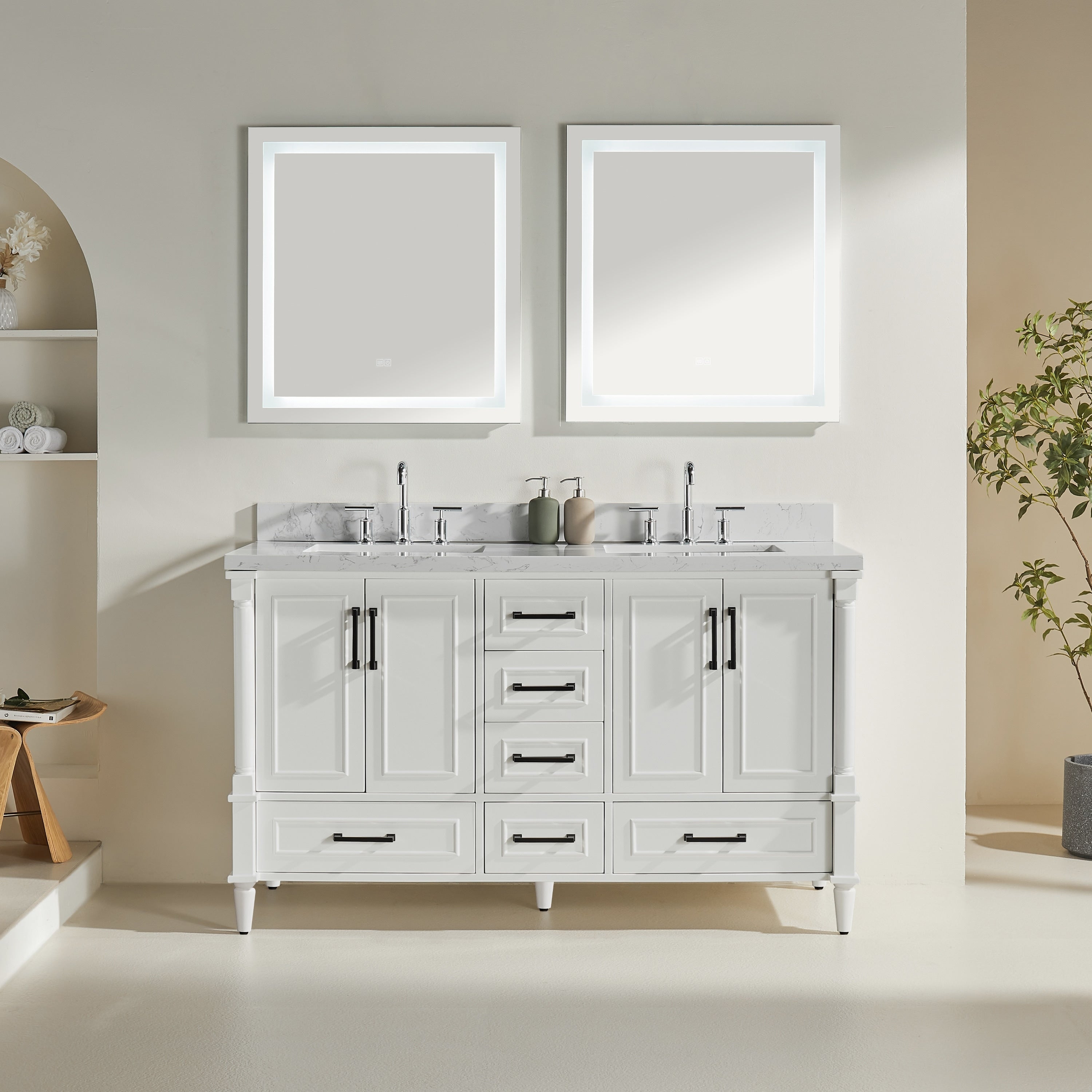 Gdfstudio Modern 60 Freestanding Bathroom Vanity With Dual Engineered Carrara Marble Fully Assembled