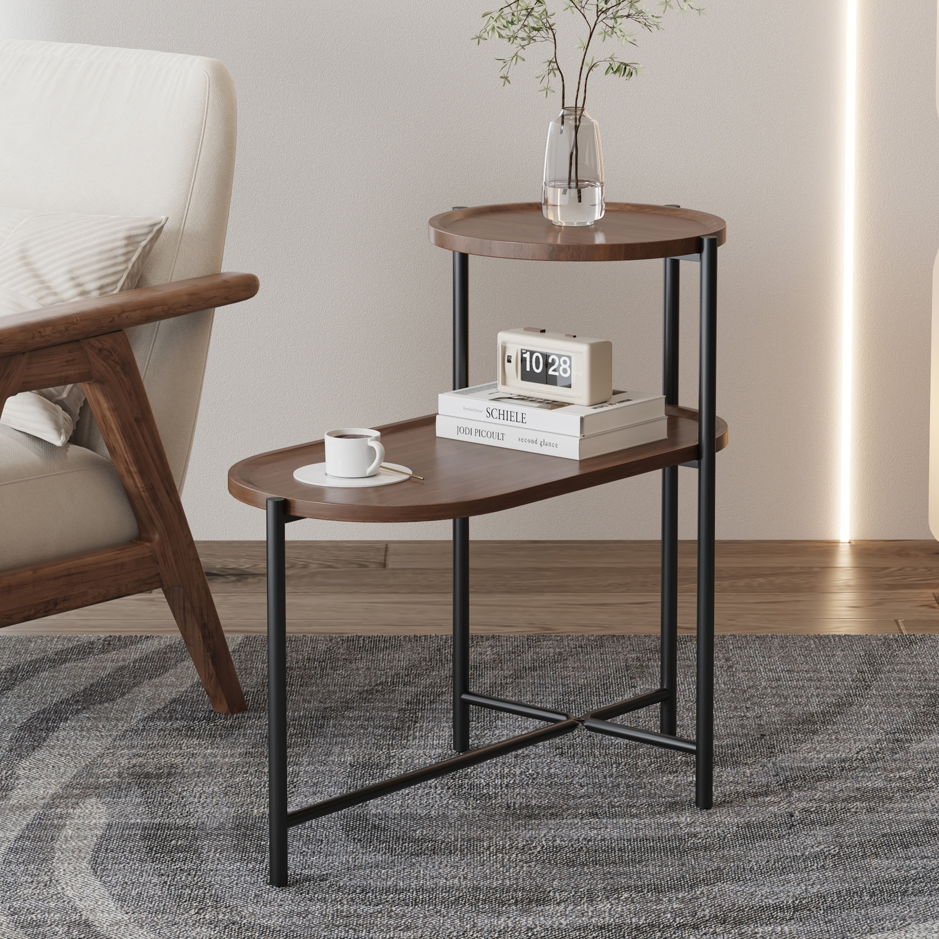 Gdfstudio Modern Compact 2 Tier Sofa Side Table With Smooth Edge Shelf Metal Frame X Shaped Support 27.55 L