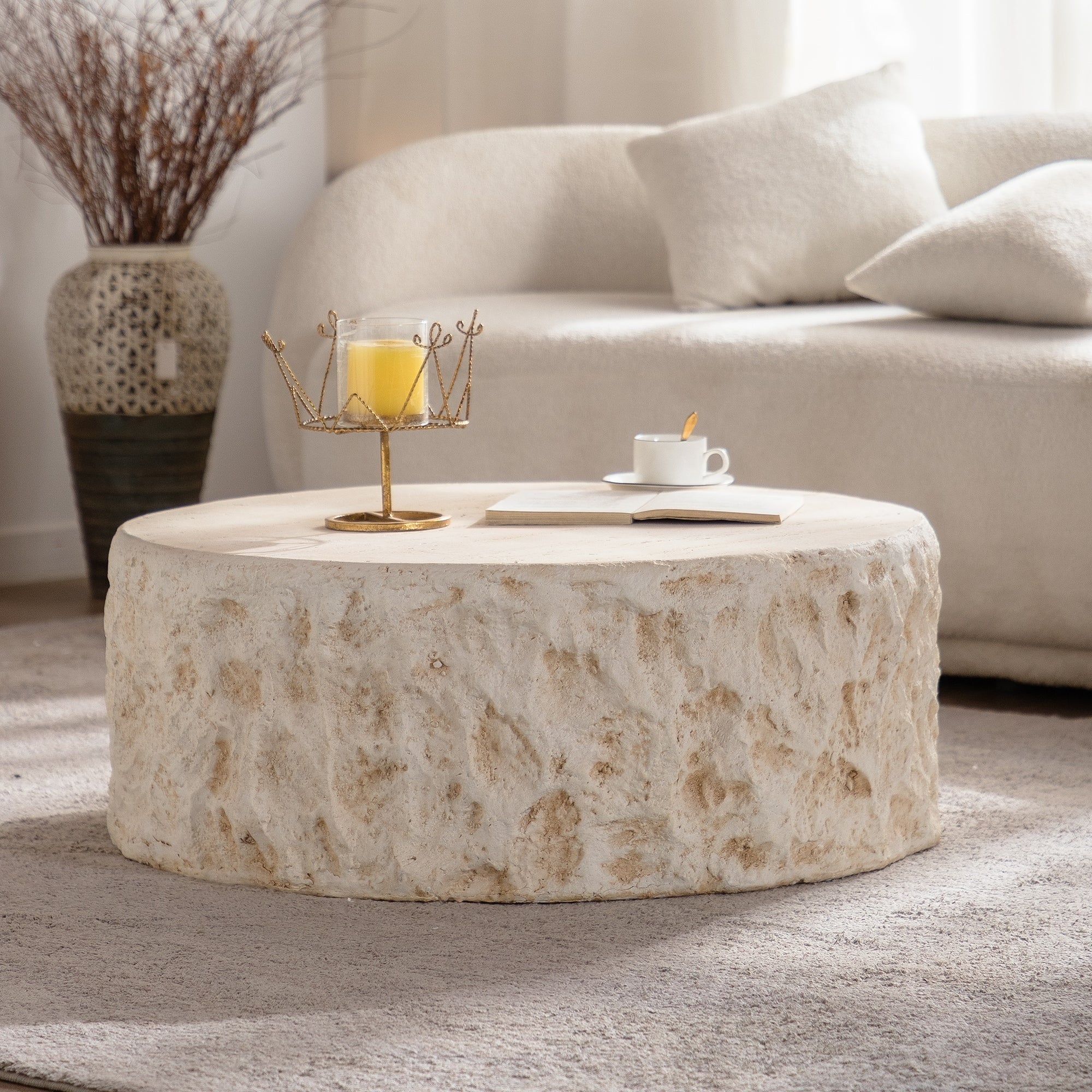 Gdfstudio Modern Faux Stone Round Coffee Table With Mgo Construction Compact Mid Century Style