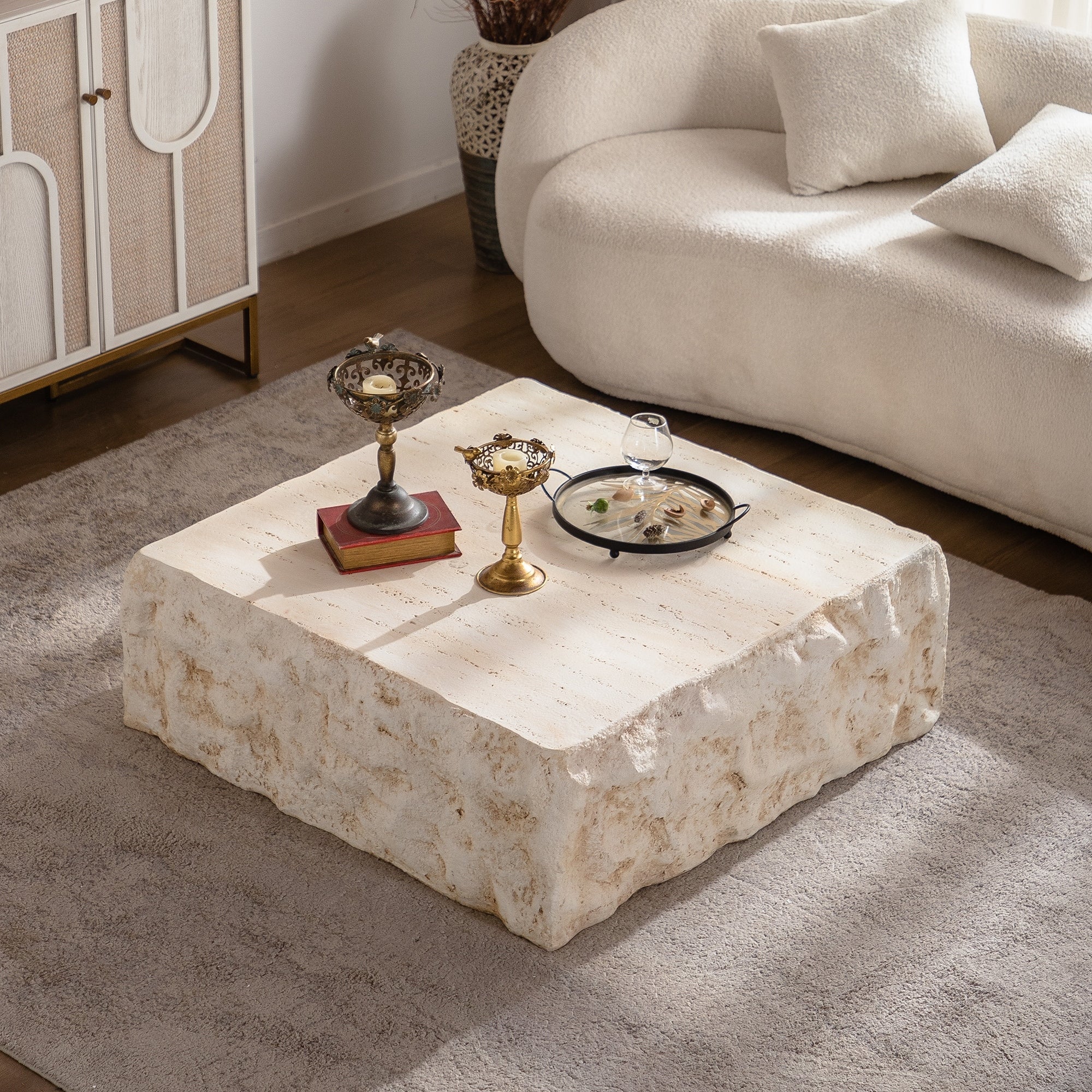 Gdfstudio Modern Faux Stone Square Coffee Table With Mgo Construction No Assembly
