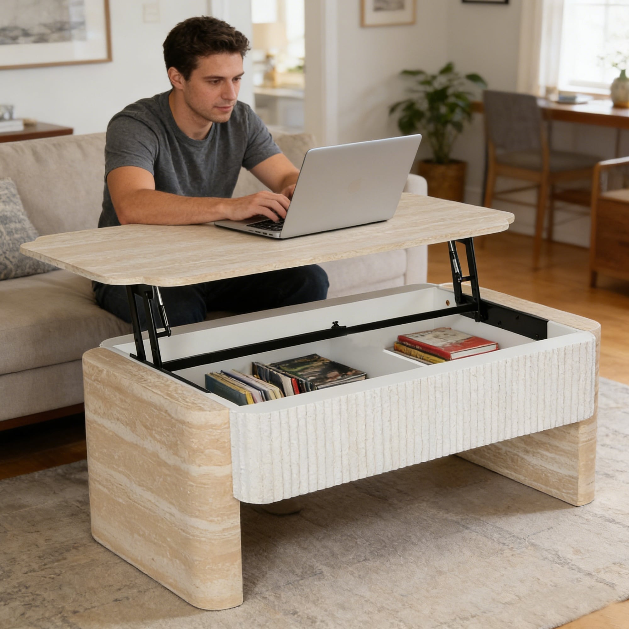 Gdfstudio Modern Lift Top Extendable Coffee Table With Hidden Storage And Fluted Design