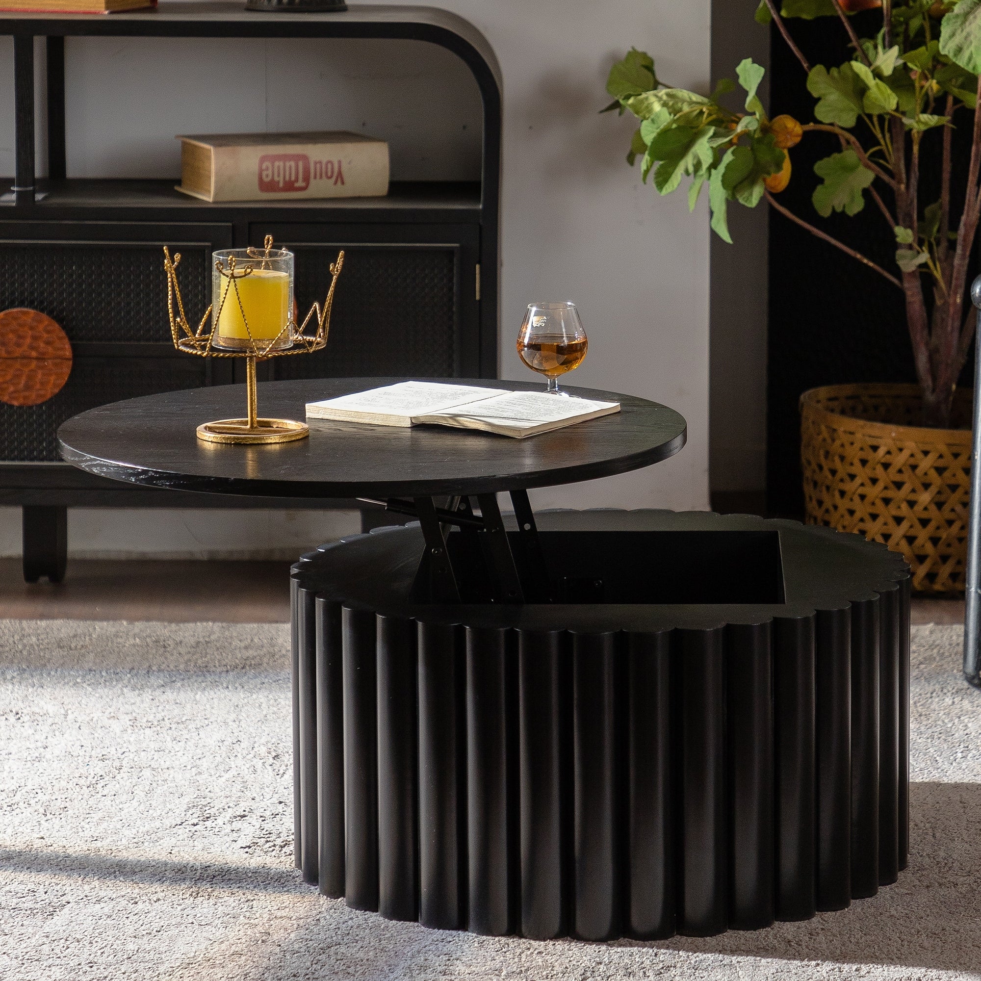Gdfstudio Modern Lift Top Round Storage Coffee Table With Handcrafted Relief Pedestal Base