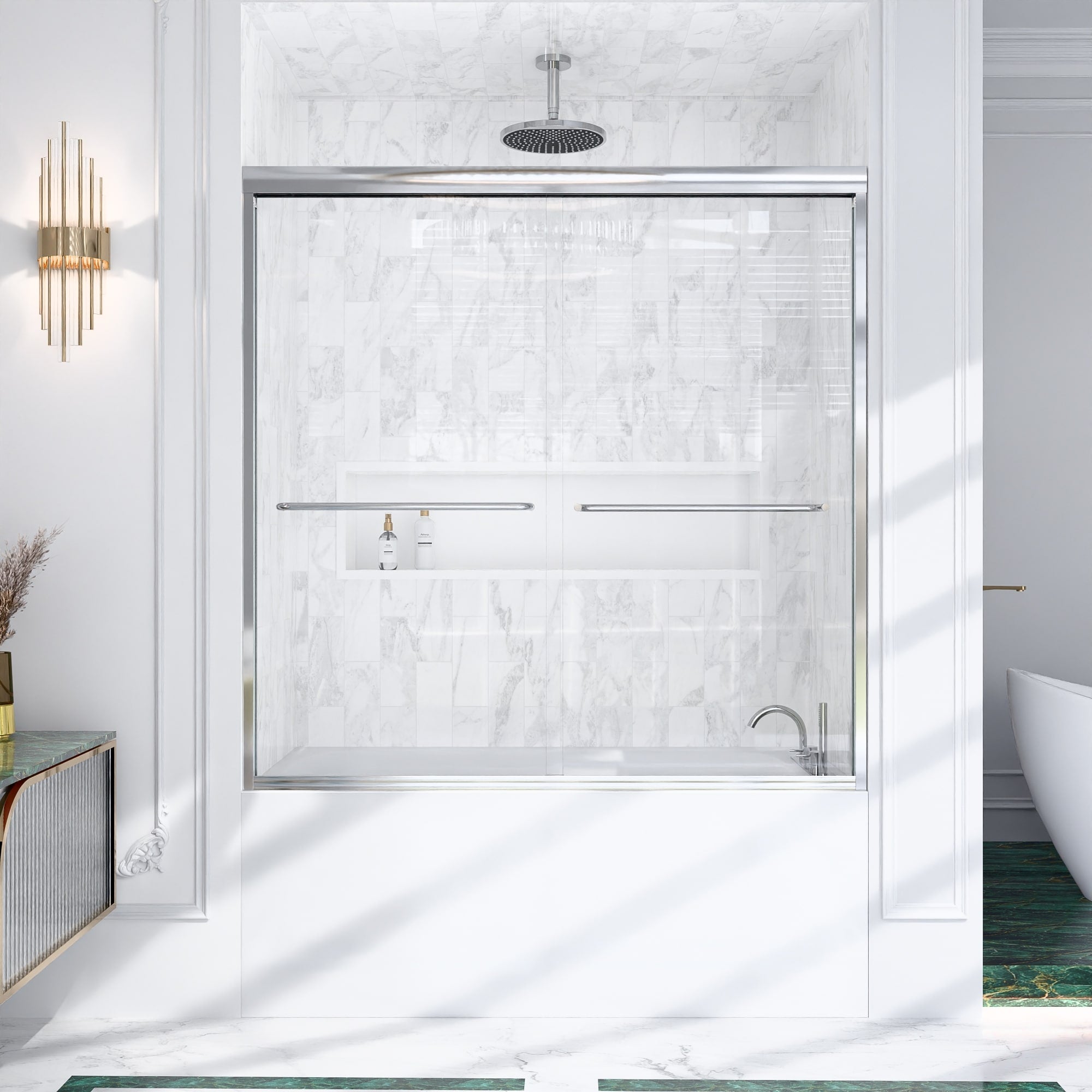 Gdfstudio Modern Minimalist Semi Frameless Double Sliding Shower Door With 1 4 Sgcc Tempered Glass Stainless Steel Handle