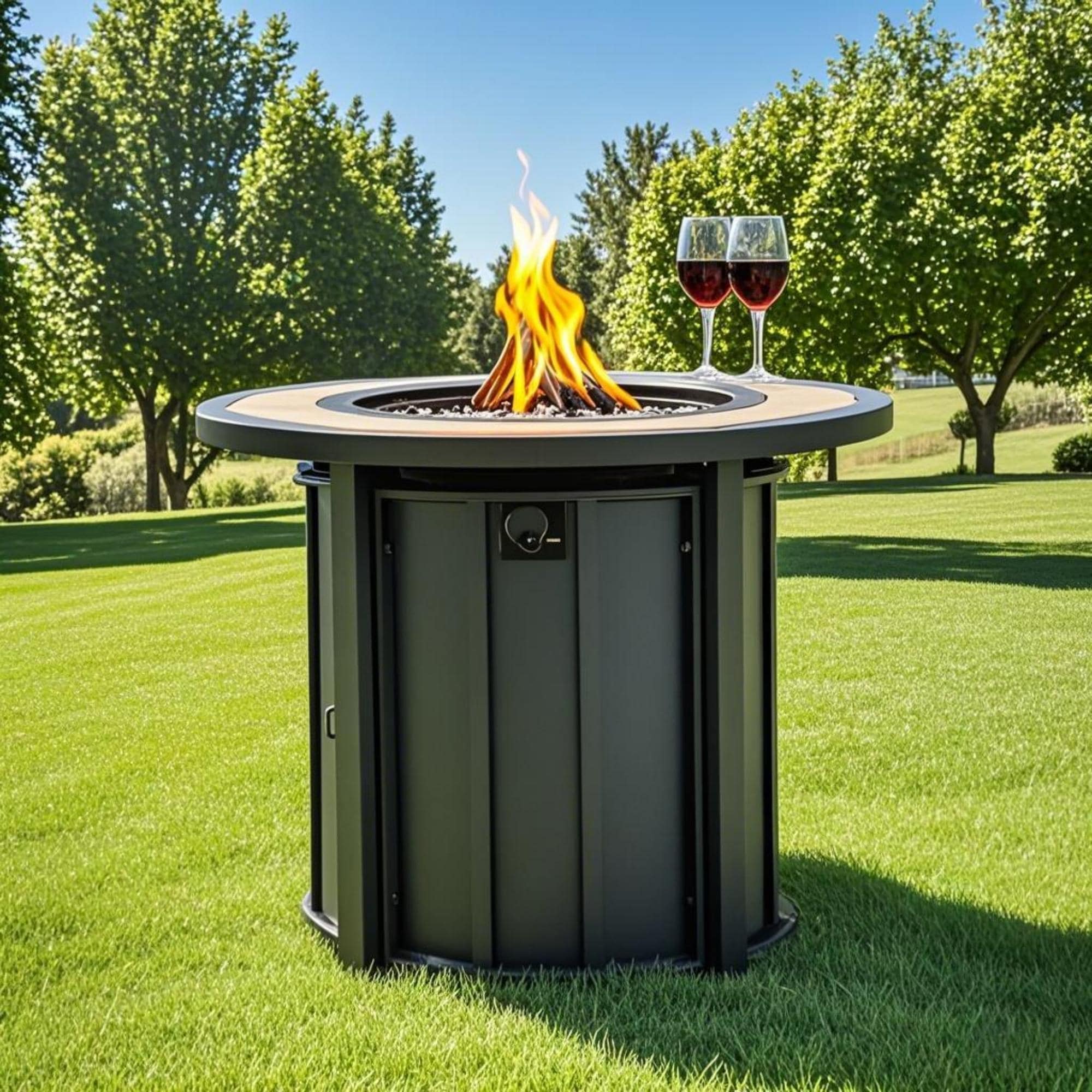 Gdfstudio Modern Outdoor 30 Propane Gas Fire Pit Table With Wood Grain Top Removable Anti Rust Lid Cover Included