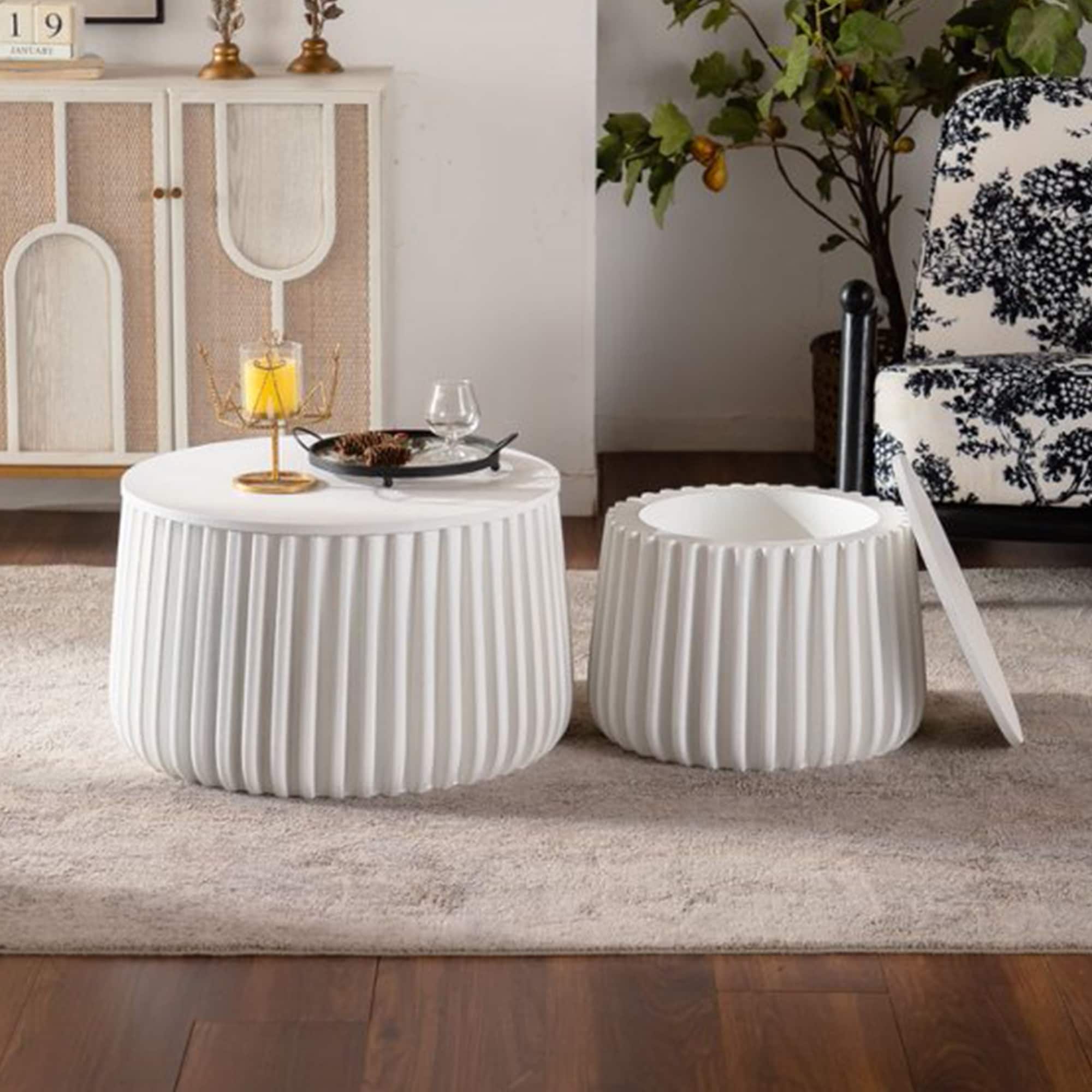 Gdfstudio Modern Round Nesting Storage Coffee Table Set With Lift Off Lid Cream White