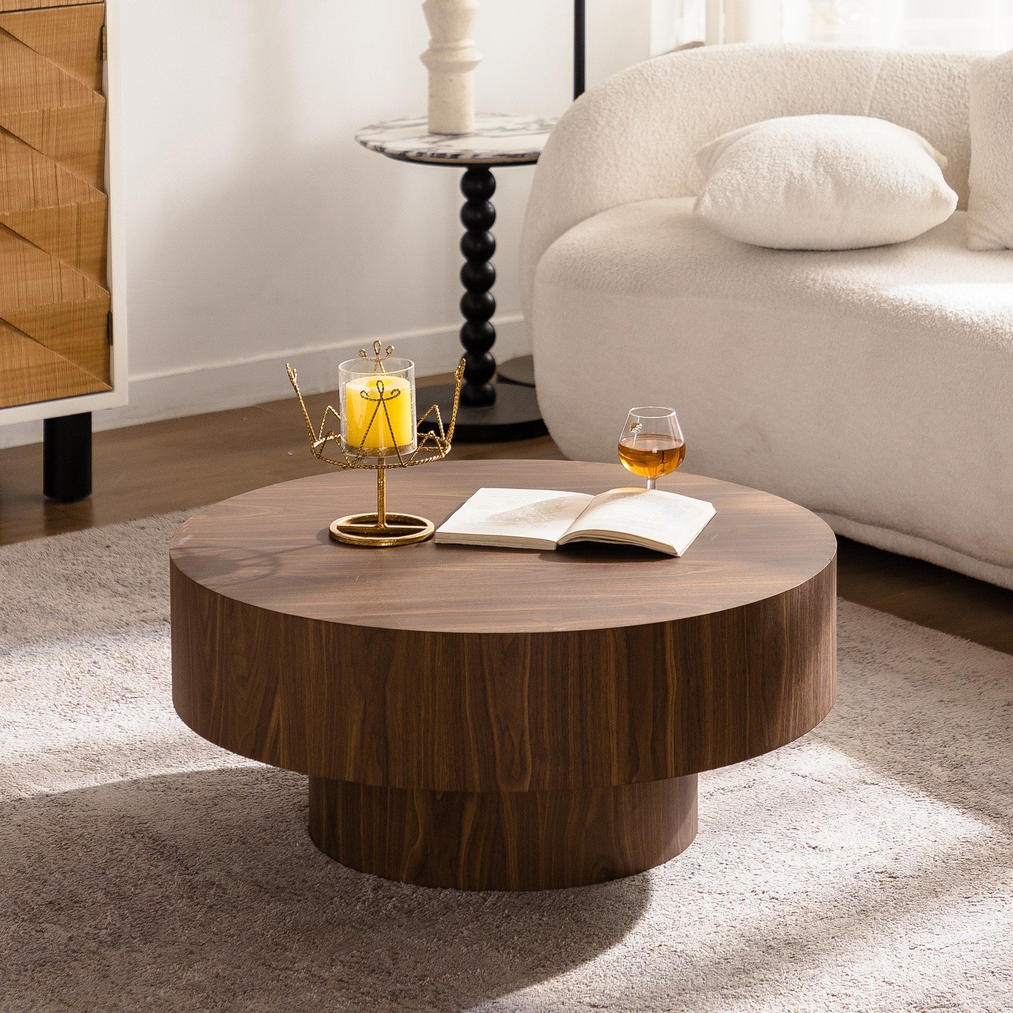 Gdfstudio Modern Round Walnut Coffee Table With Pedestal Base