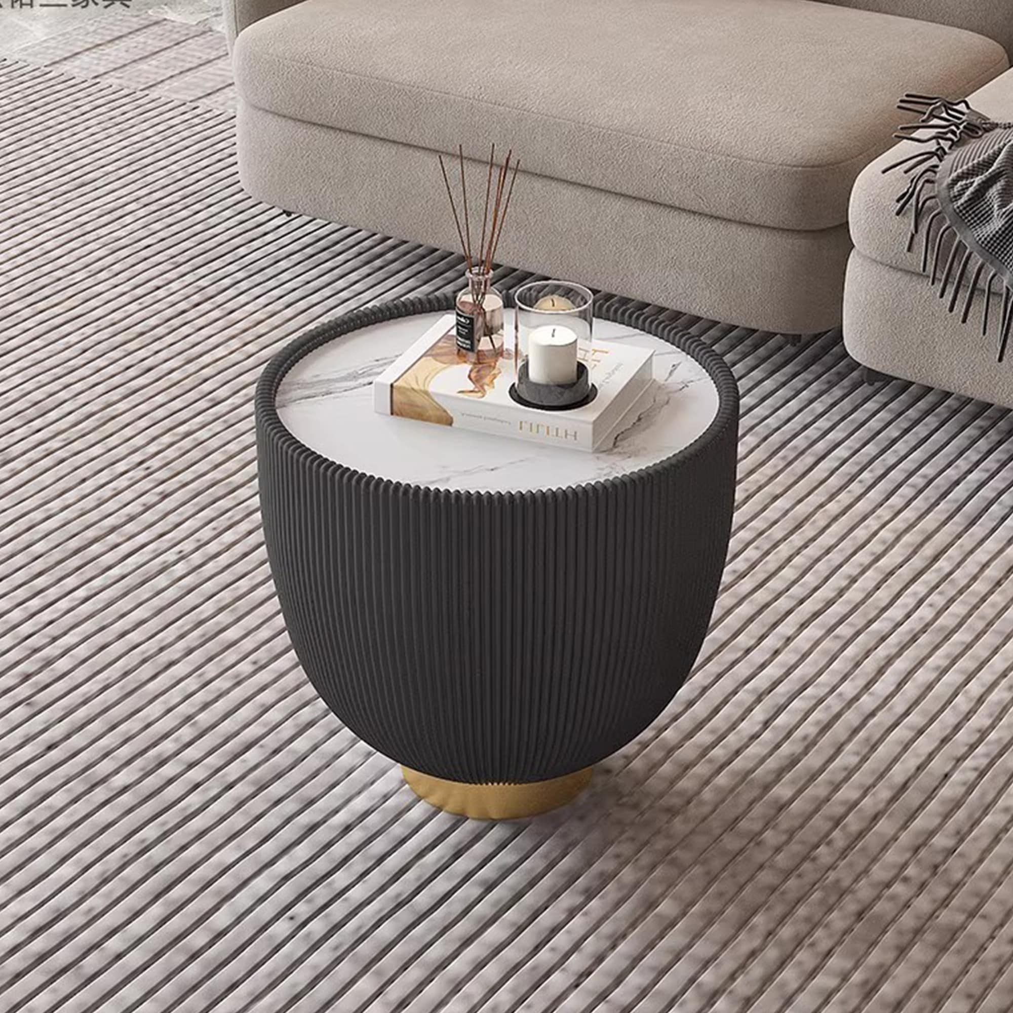 Gdfstudio Modern Sintered Stone Top Leather Edge Round End Table With Metal Base And Grey Pattern