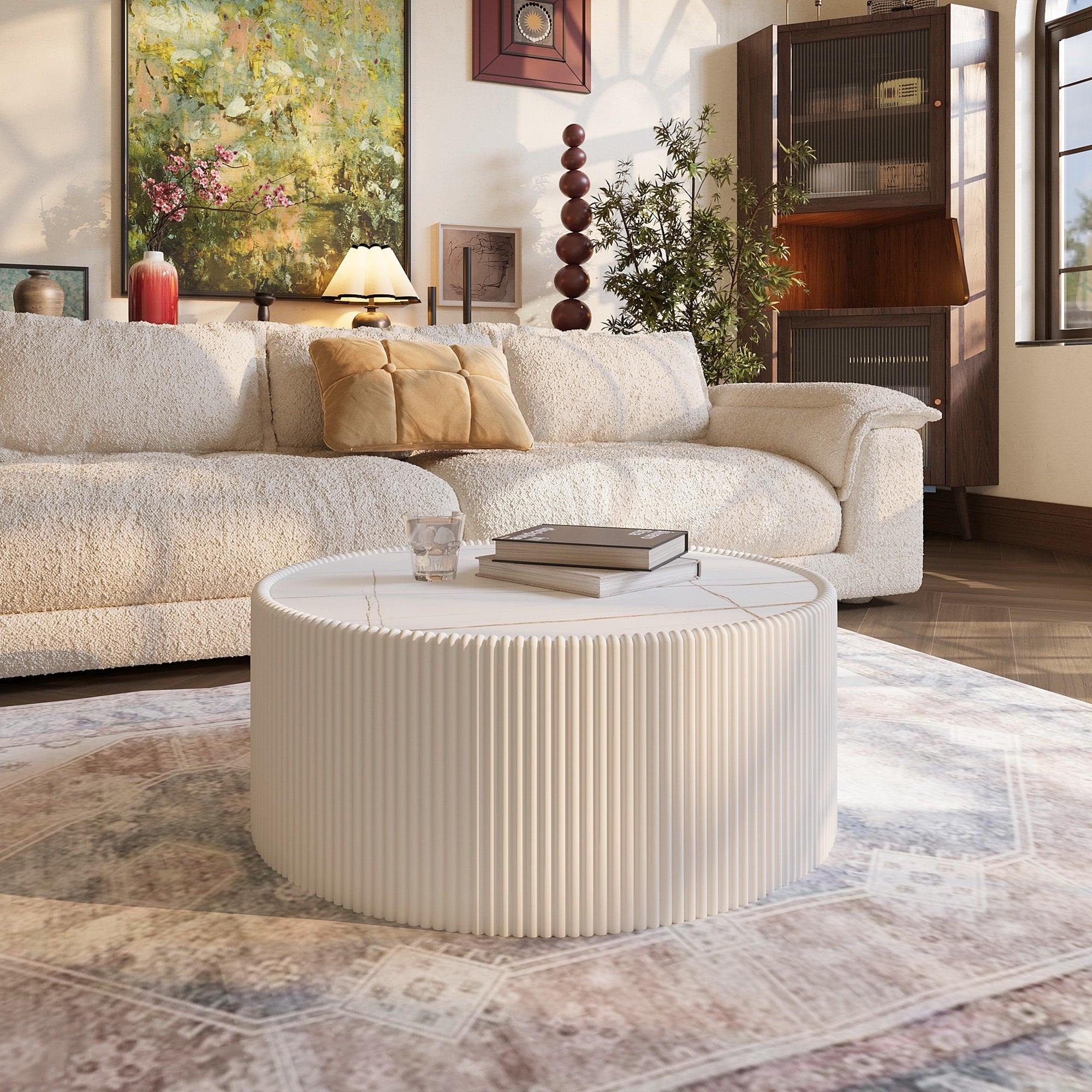 Gdfstudio Modern Sintered Stone Top Round Coffee Table With Pu Leather Wrapped Cylinder Base