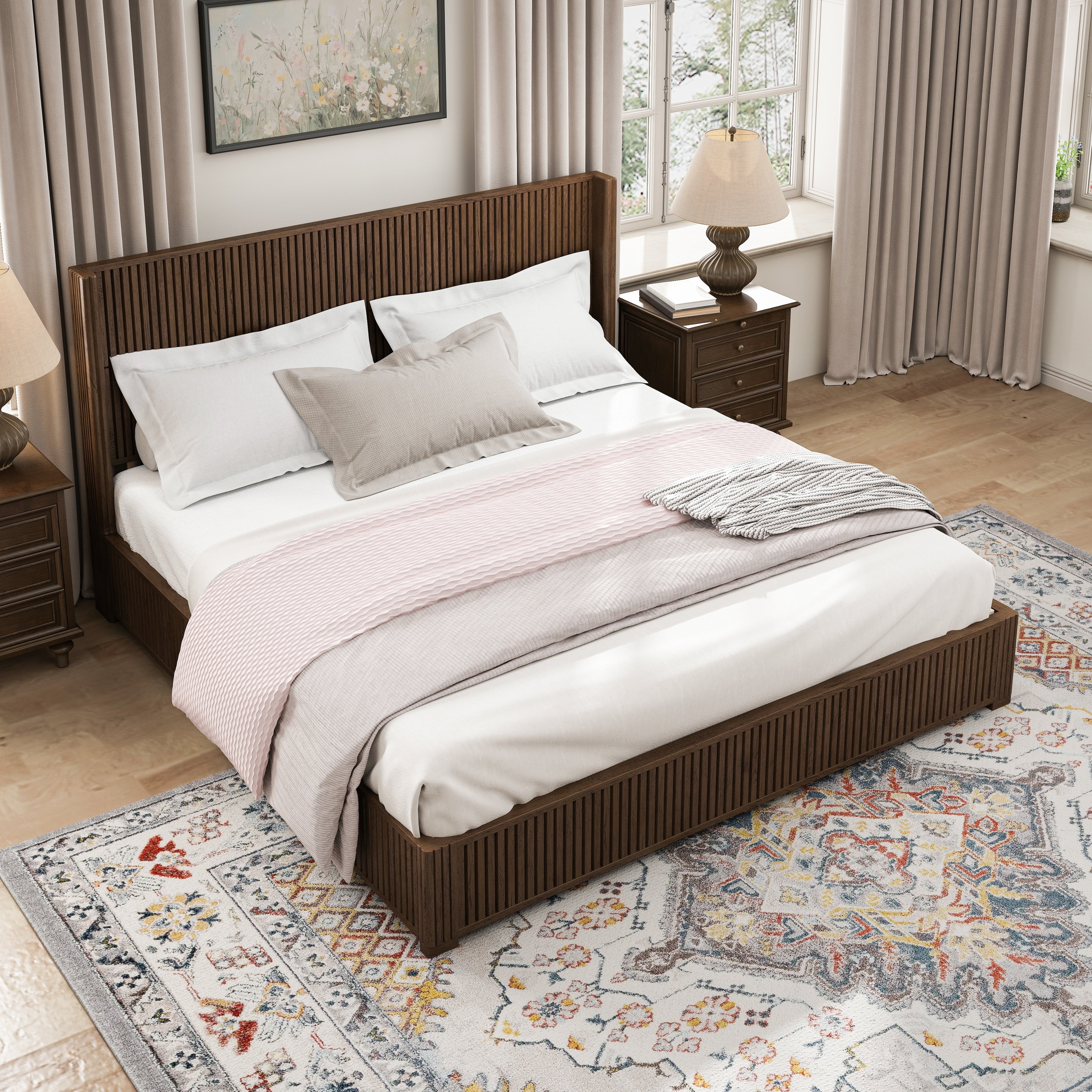 Gdfstudio Modern Solid Wood Low Profile Platform Bed Frame With Fluted Headboard Heavy Duty Support No Box Spring Needed