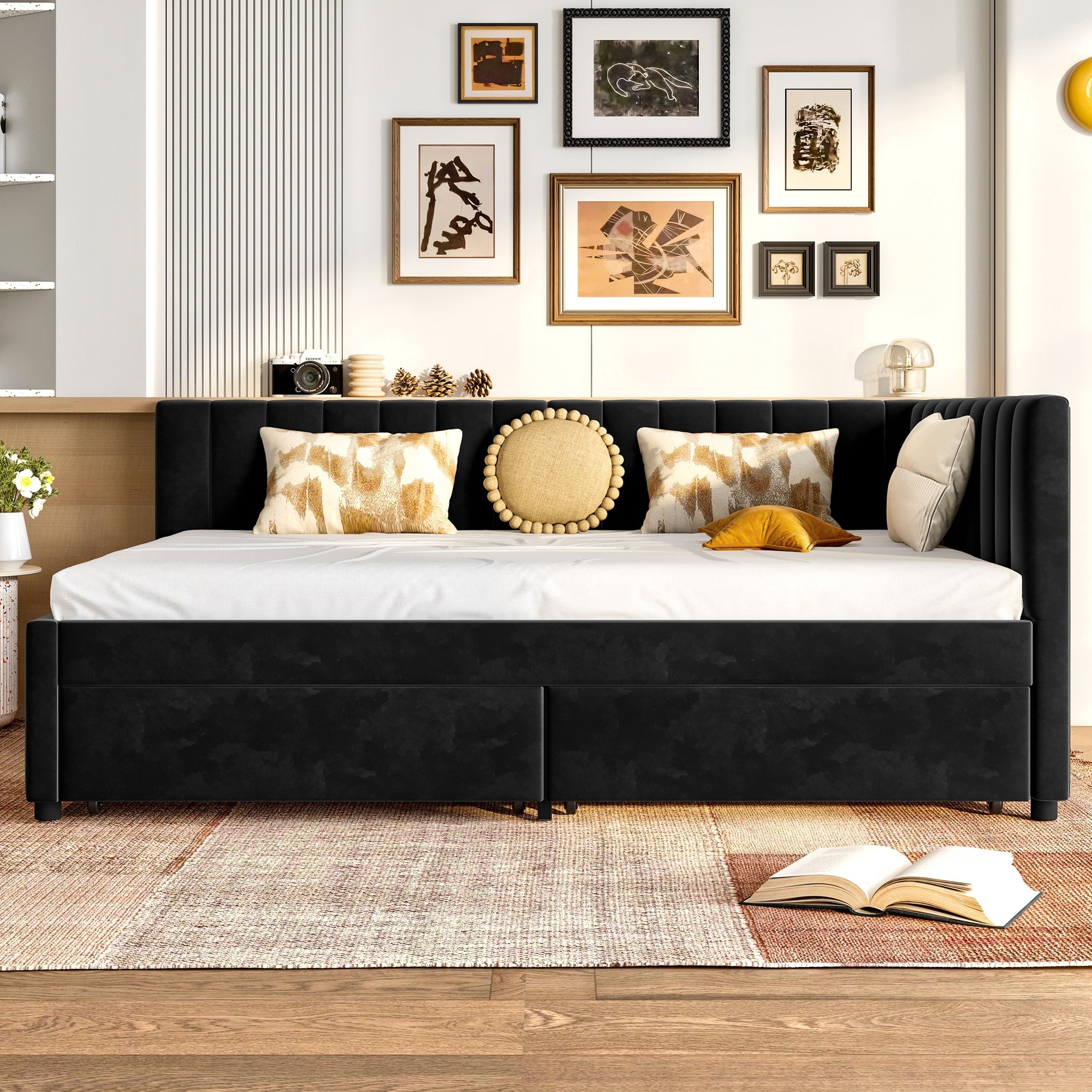 Gdfstudio Modern Velvet Upholstered Corner Daybed With 2 Storage Drawers L Shaped Headboard No Box Spring Needed