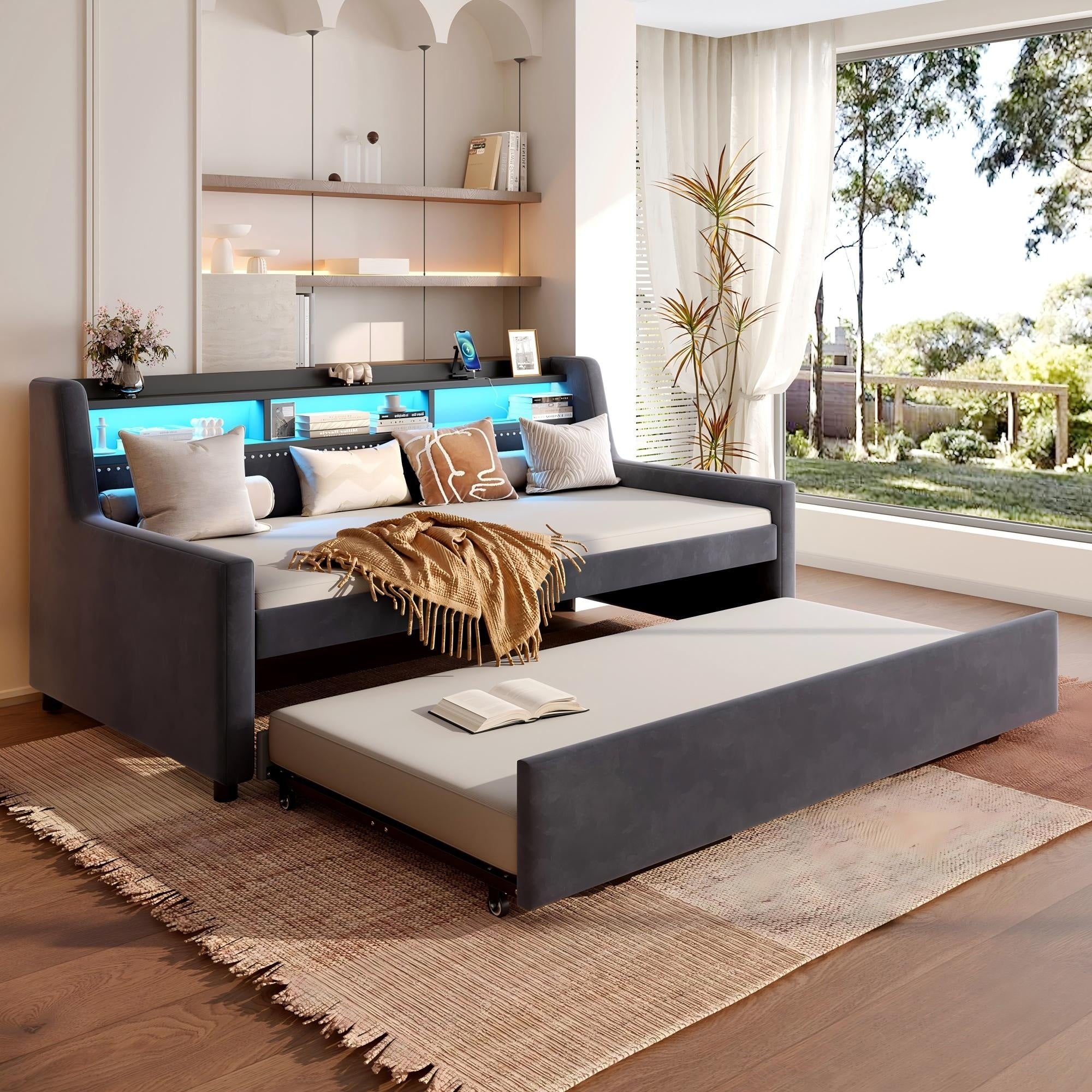 Gdfstudio Modern Velvet Upholstered Corner Daybed With Roll Out Trundle Adjustable Led Lighting Charging Station