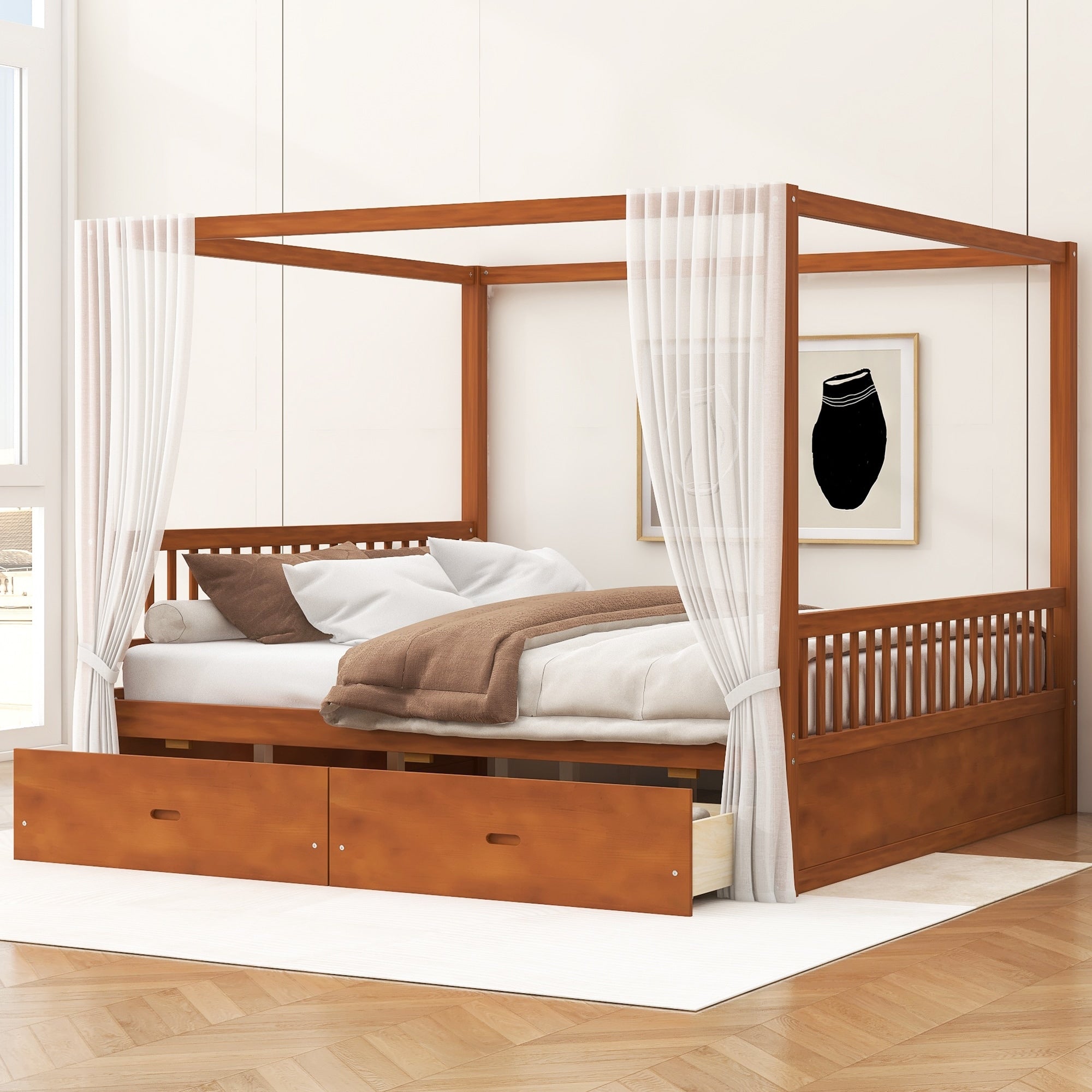 Gdfstudio Modern Wooden Canopy Bed With Storage Drawers