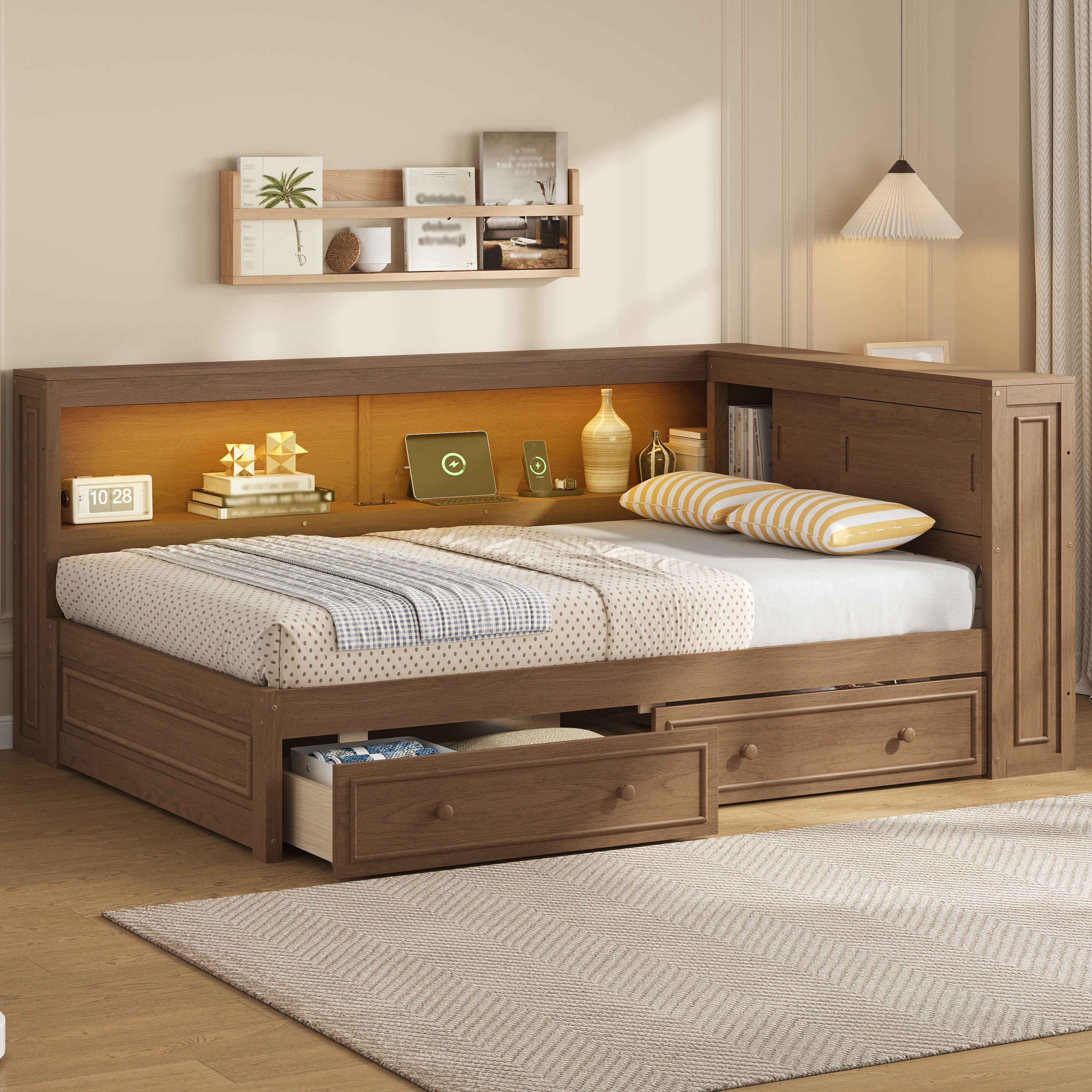 Gdfstudio Modern Wooden Full Size Daybed With Storage Shelves Drawers Usb And Led