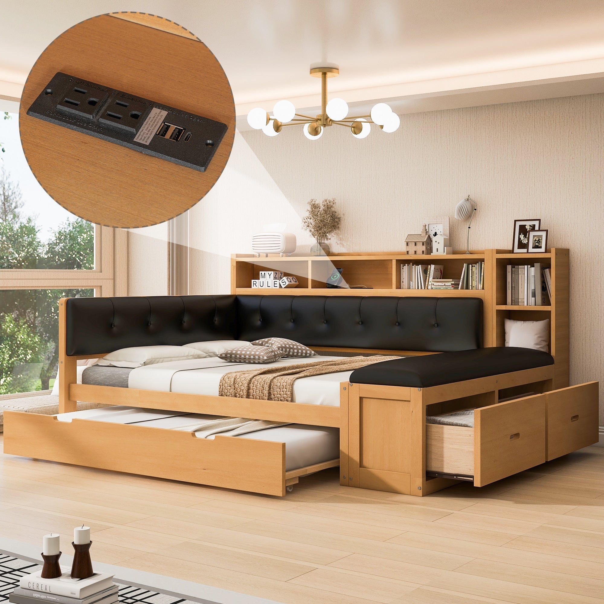 Gdfstudio Modern Wooden Full Size Daybed With Trundle Bench Storage And Charging Station