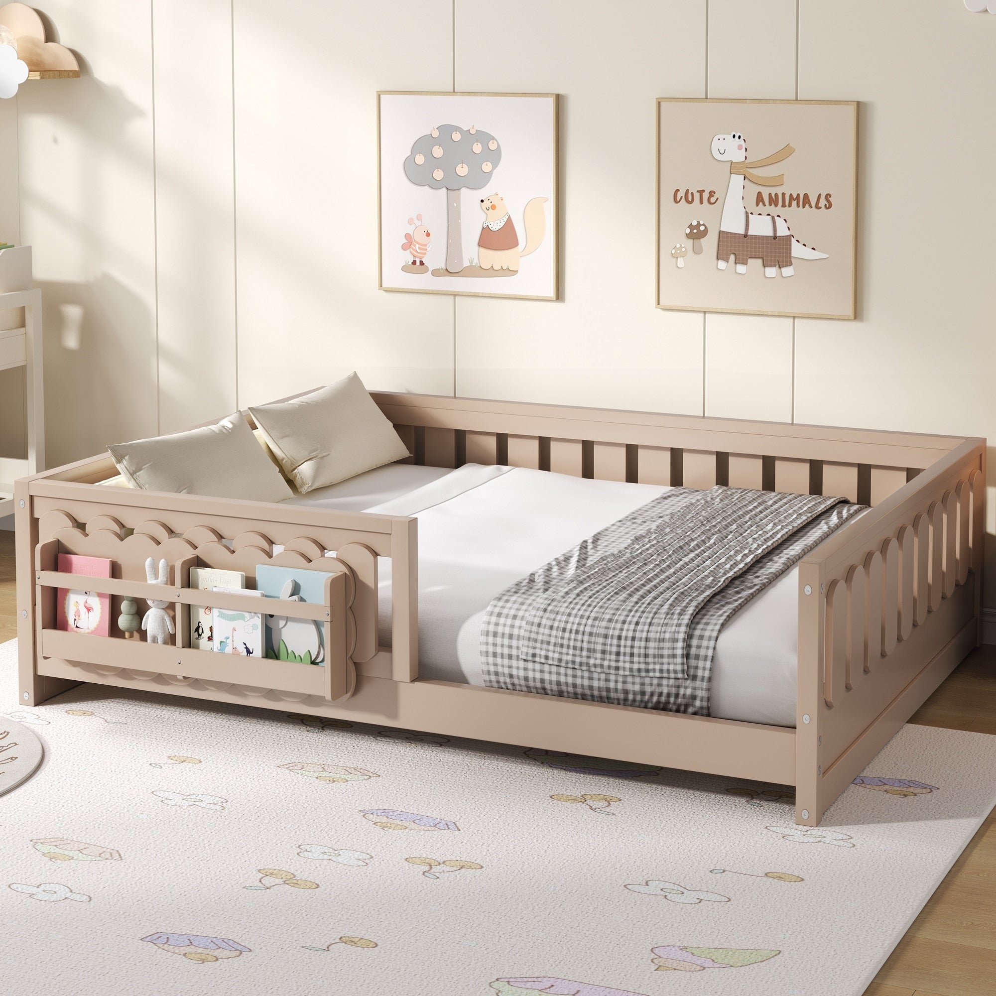 Gdfstudio Modern Wooden Full Size Platform Bed With Guardrail And Storage Shelves