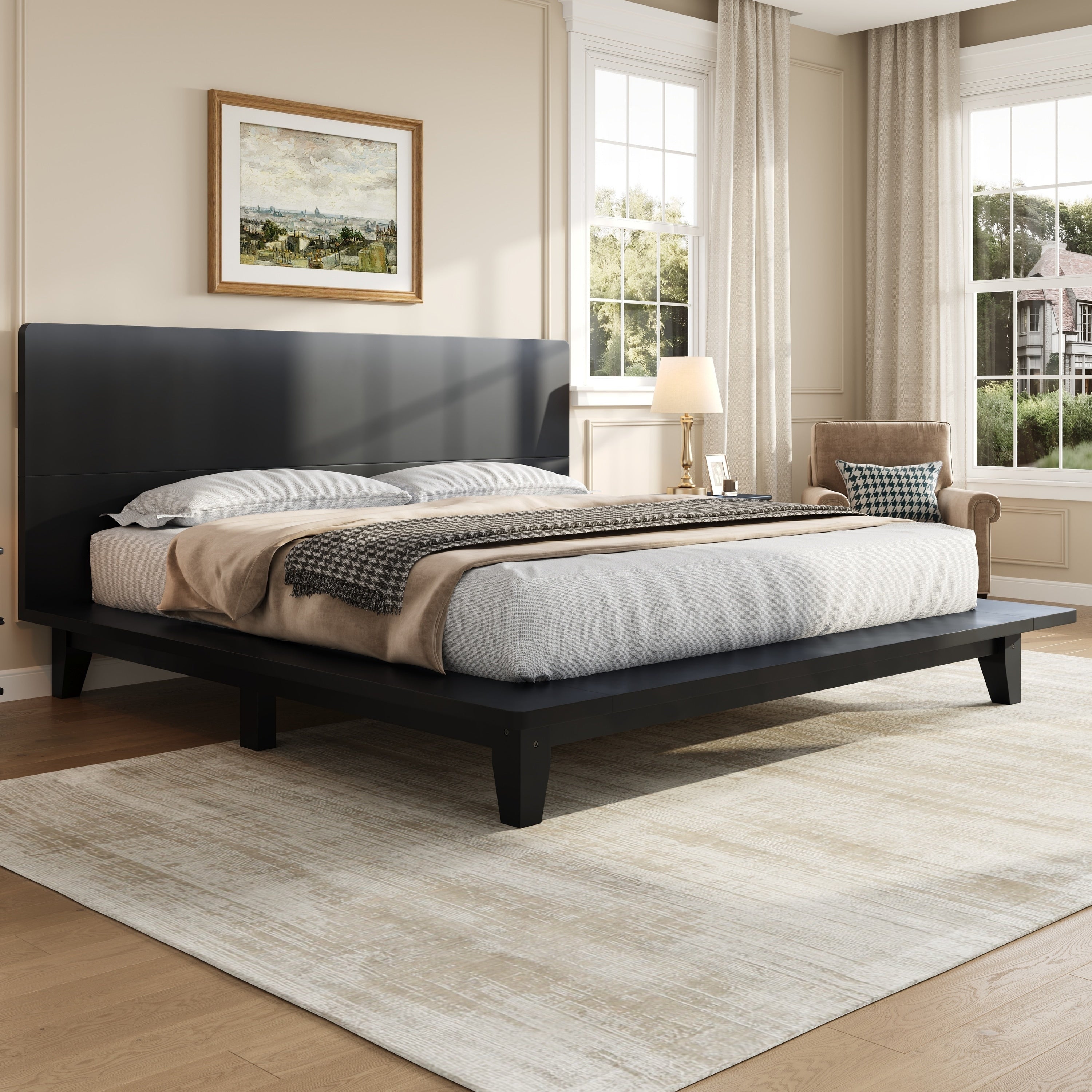 Gdfstudio Modern Wooden Platform Bed Frame With Headboard