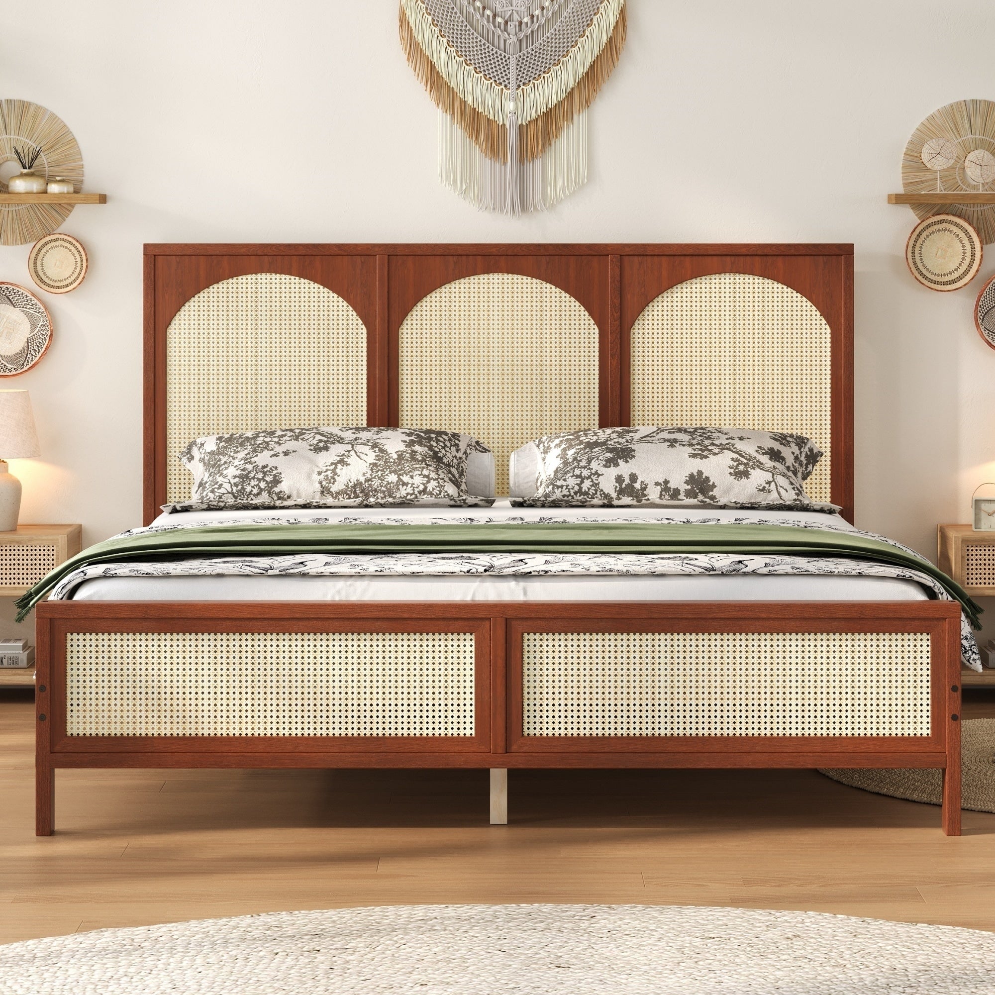 Gdfstudio Modern Wooden Platform Bed With Rattan Headboard And Footboard