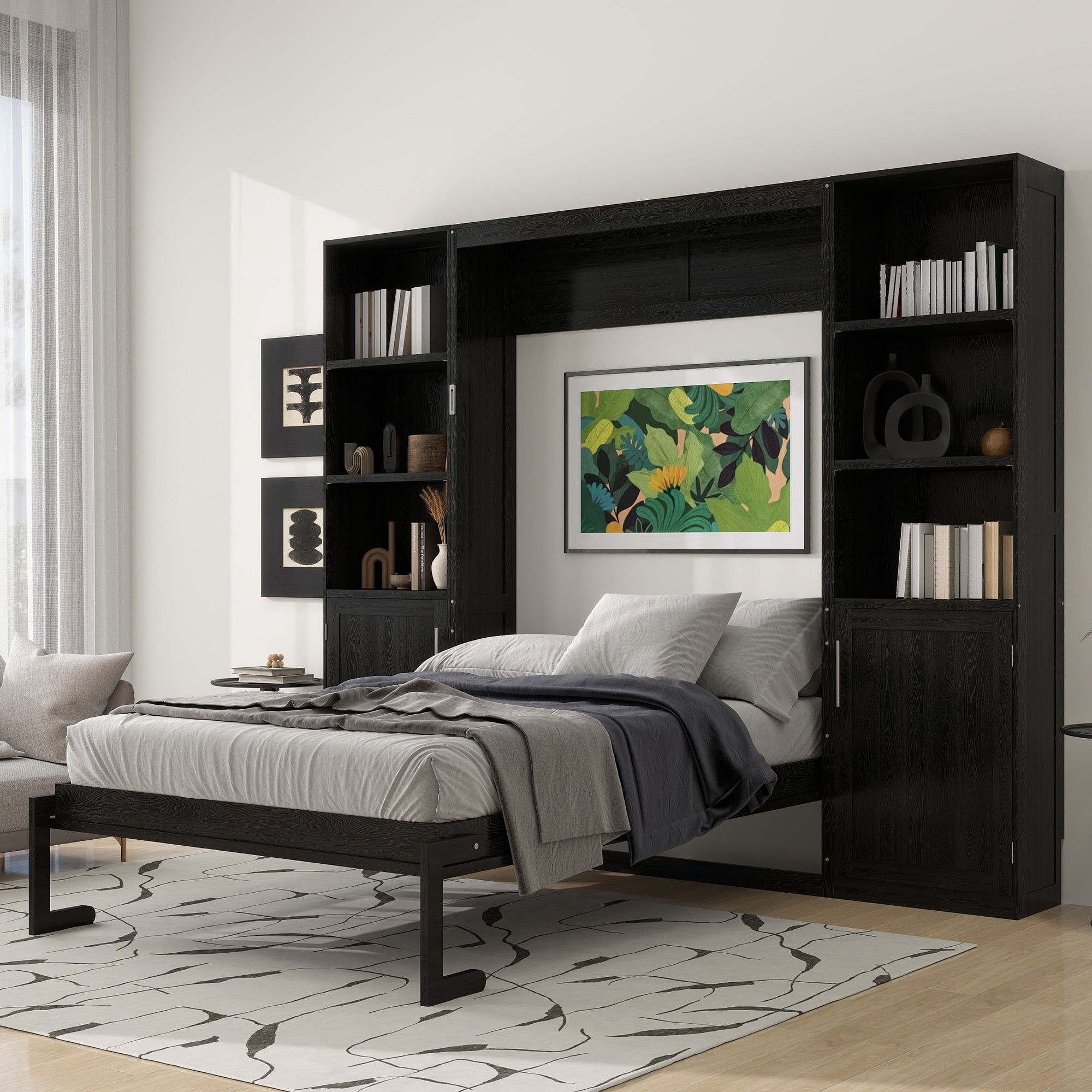 Gdfstudio Modern Wooden Queen Murphy Bed With Storage Shelves And Cabinets