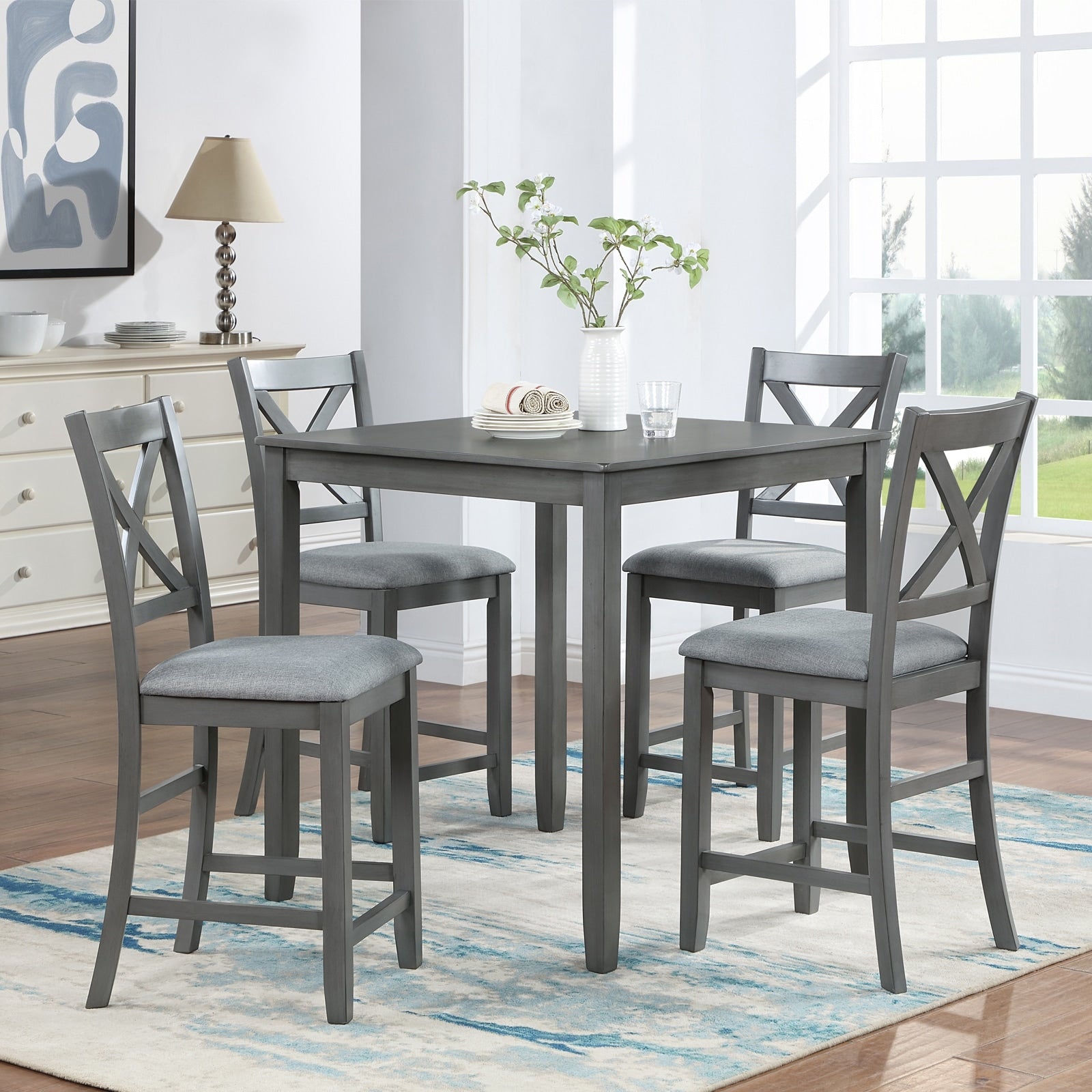 Gdfstudio Montara 5 Piece Farmhouse Wooden Square Counter Height Dining Table Set With 4 Upholstered Chairs