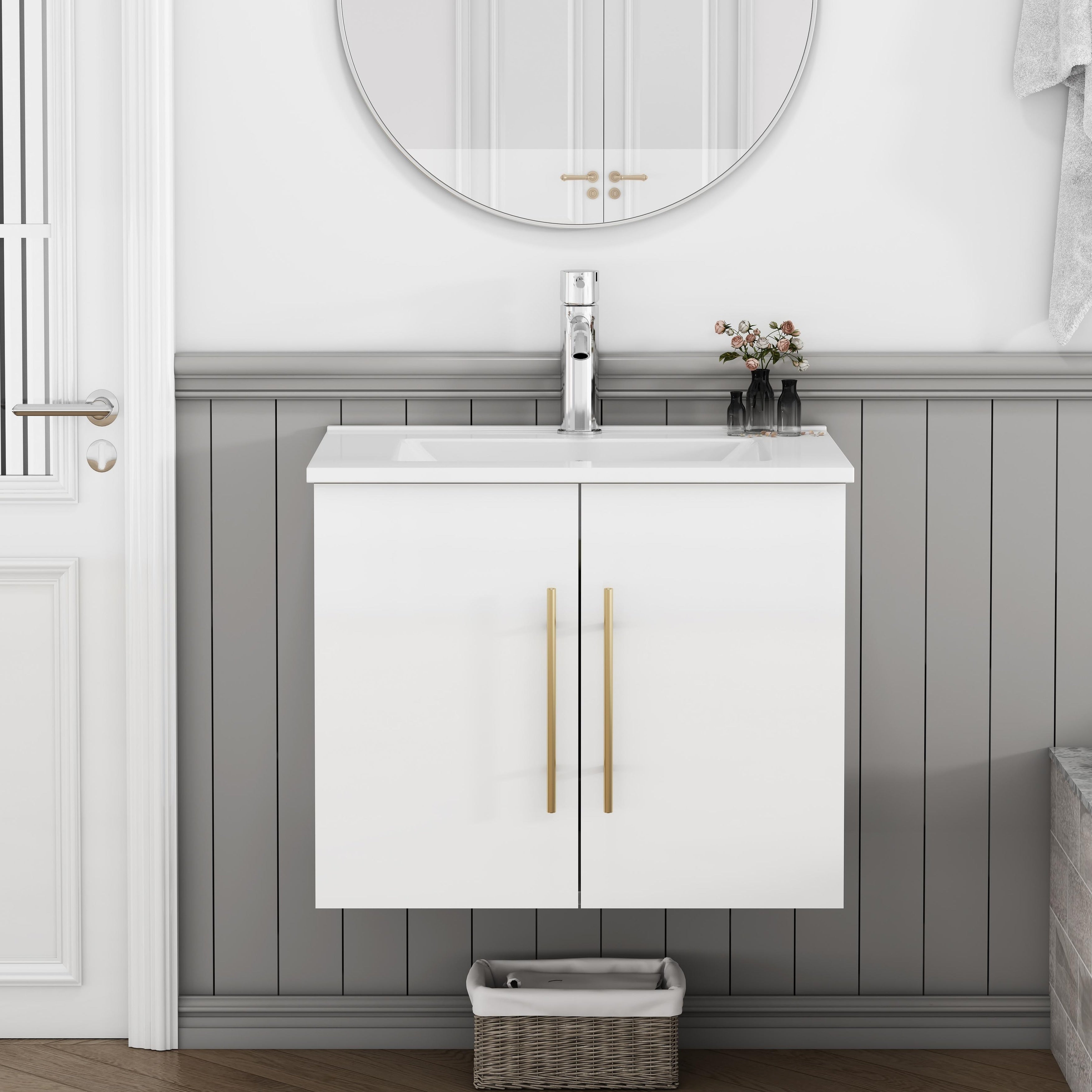 Monteria 24 Modern Wall Mounted Bathroom Vanity With Ceramic Sink. Soft Close Hinges Gold Metal Long Handle By Gdfstudio