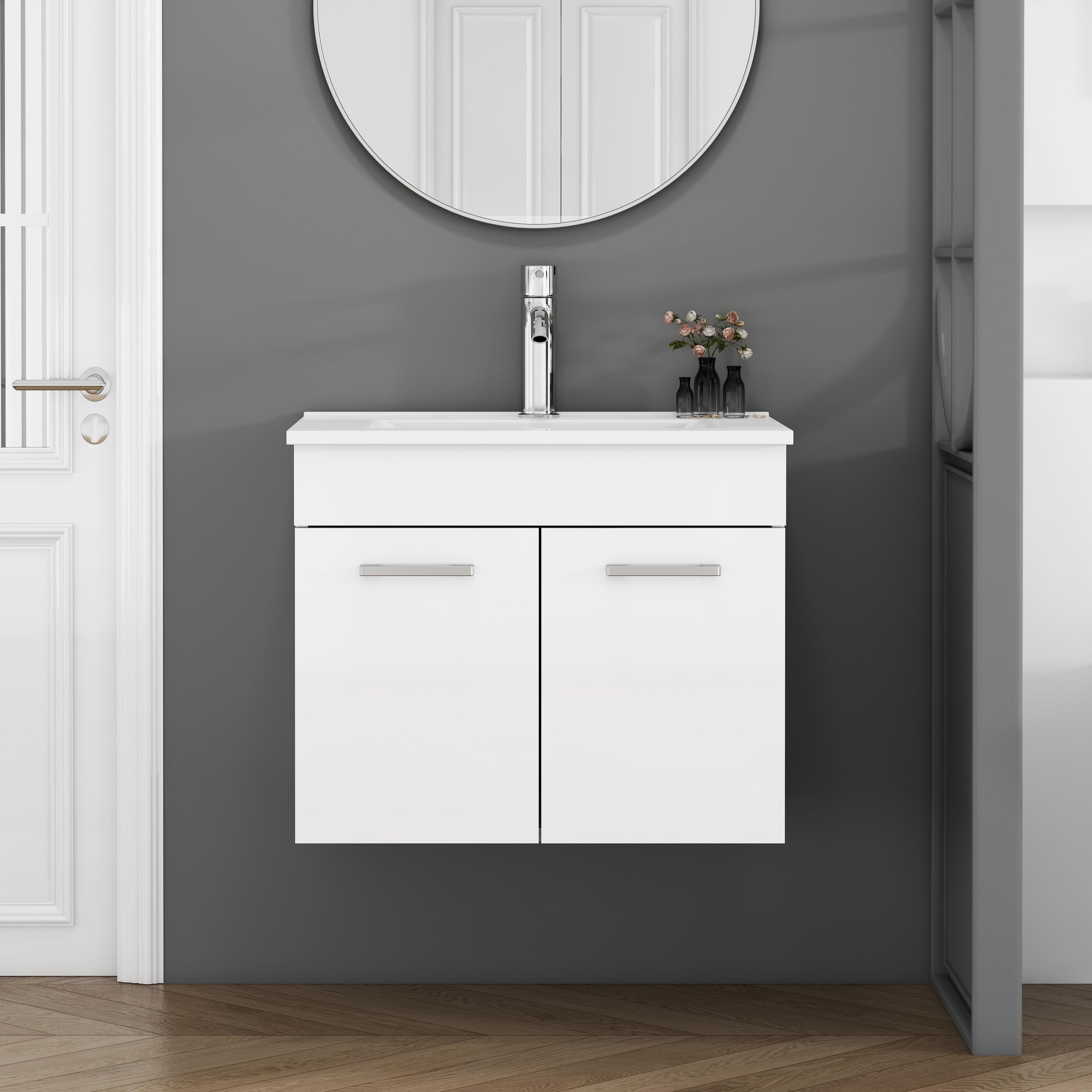 Monteria 24 Modern Wall Mounted Bathroom Vanity With Ceramic Sink Soft Close Hinges Double Door Storage Cabinet By Gdfstudio