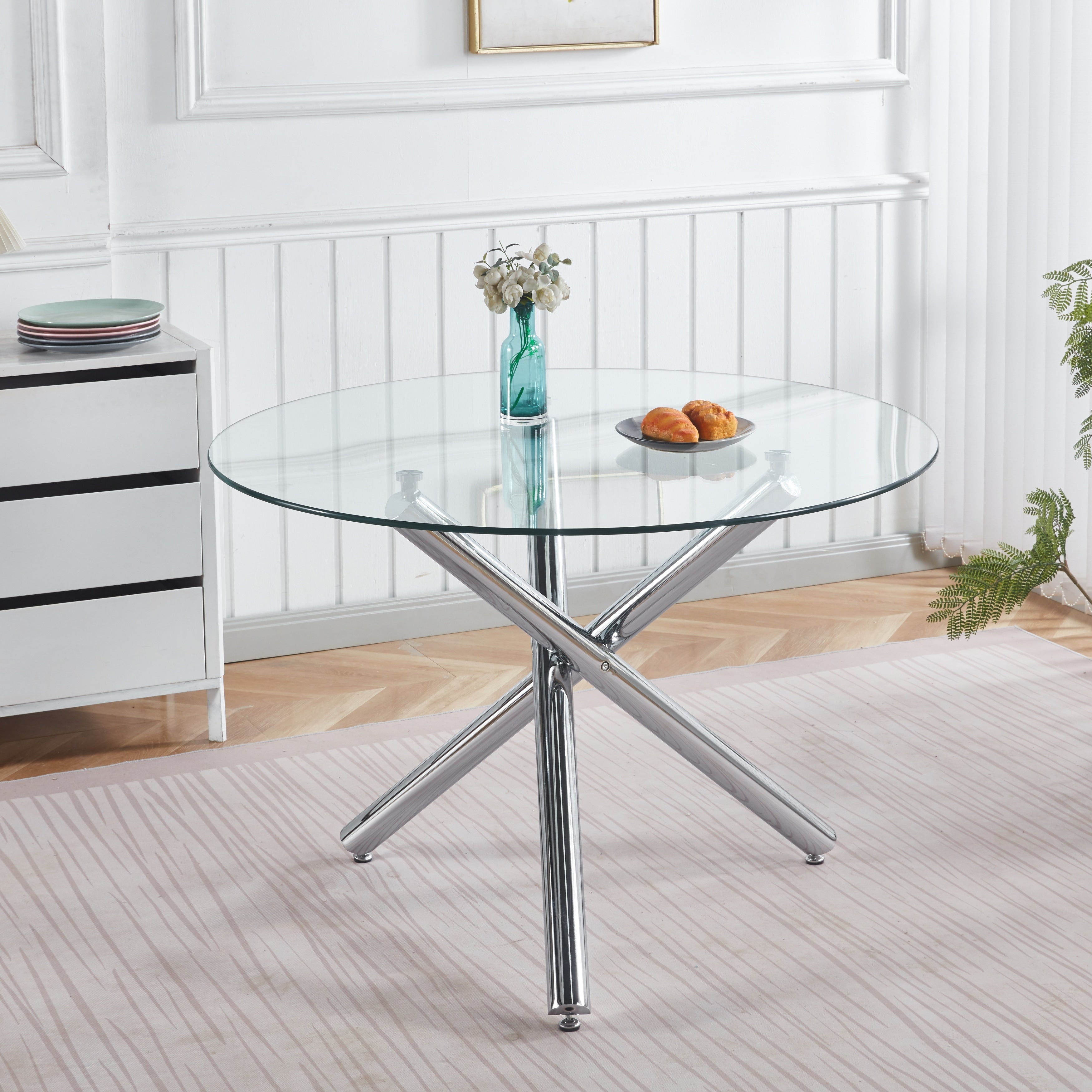 Gdfstudio Monteria Modern 43.31 Glass Top Dining Table With Chrome Metal Base