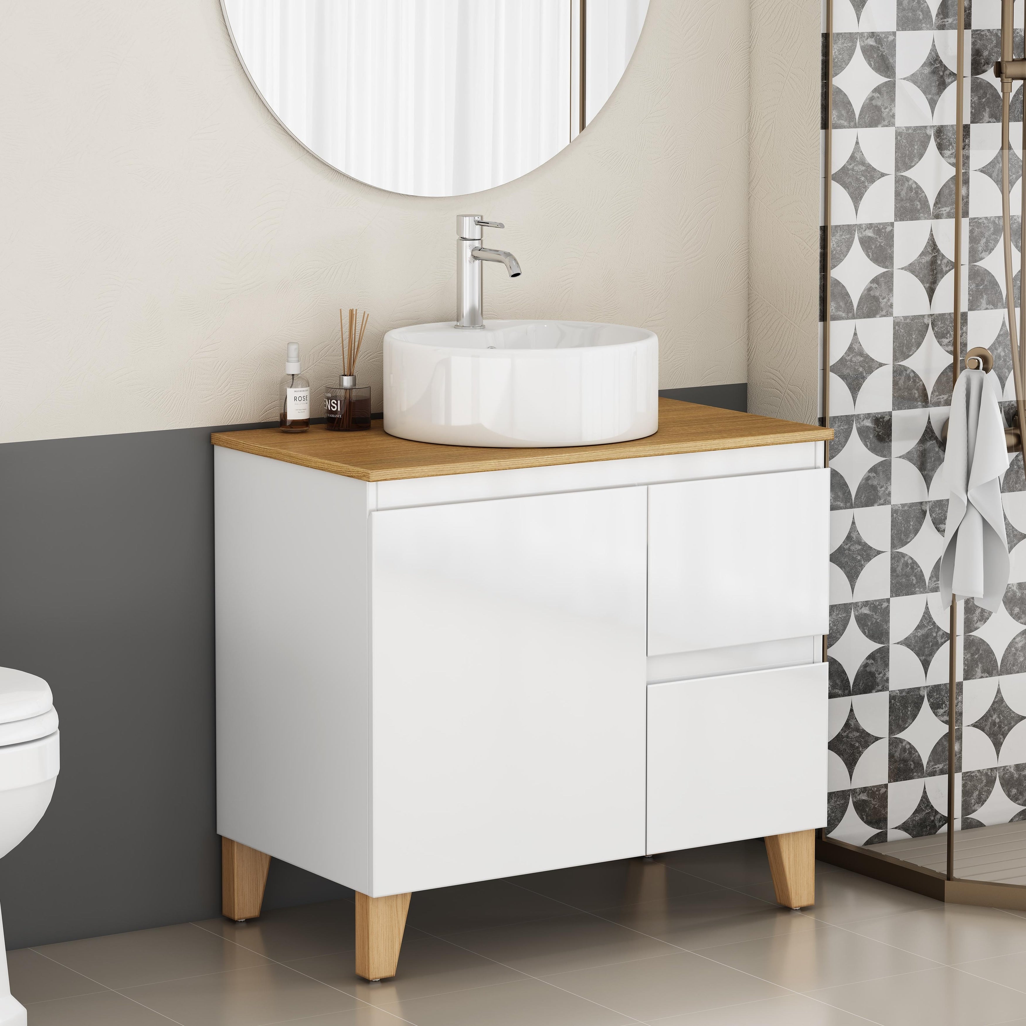 Monteria Modern Bathroom Vanity With Vessel Sink Natural Solid Wood Top And Feet And Soft Close Drawers By Gdfstudio