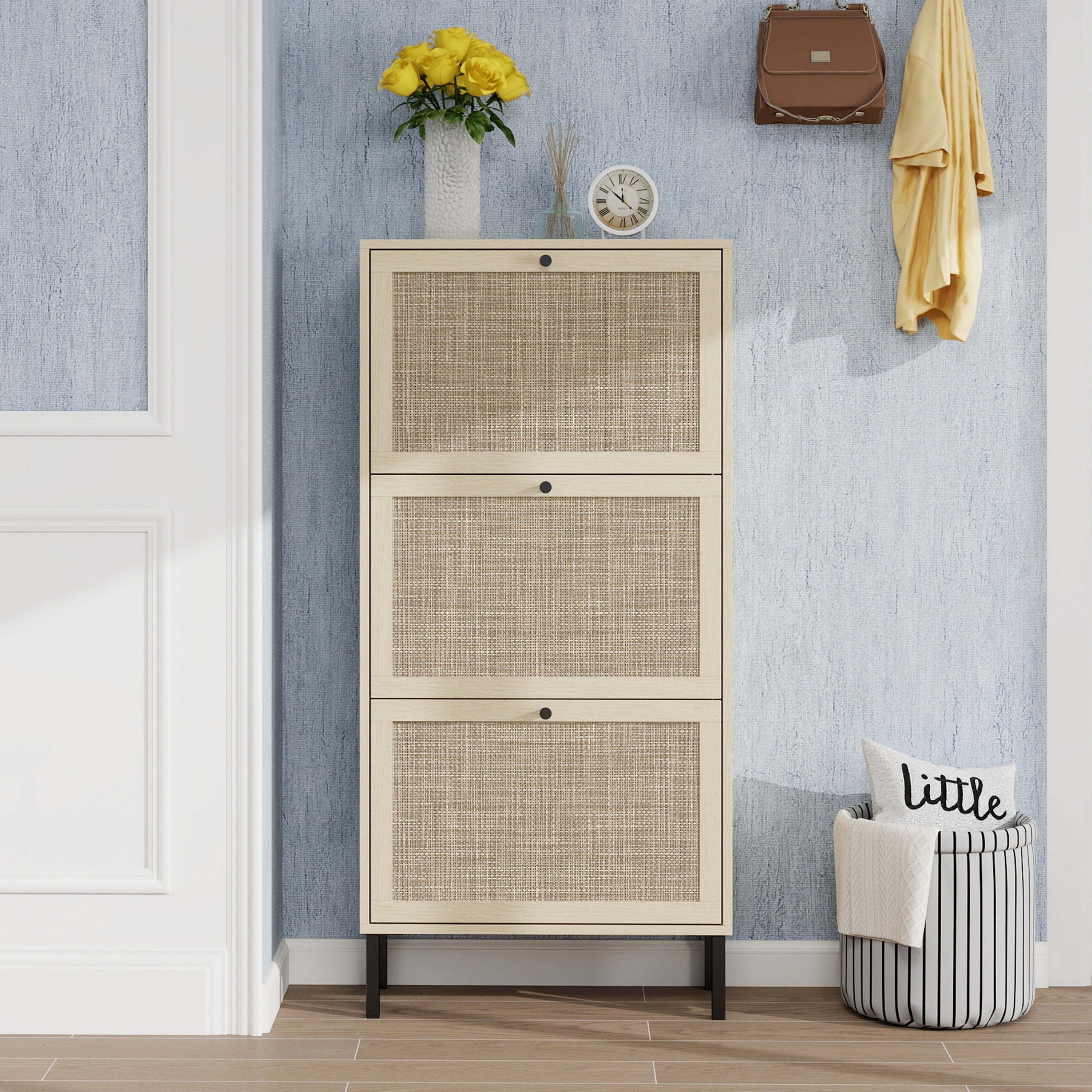 Gdfstudio Natural Rattan Modern Shoe Storage Cabinet With 3 Doors