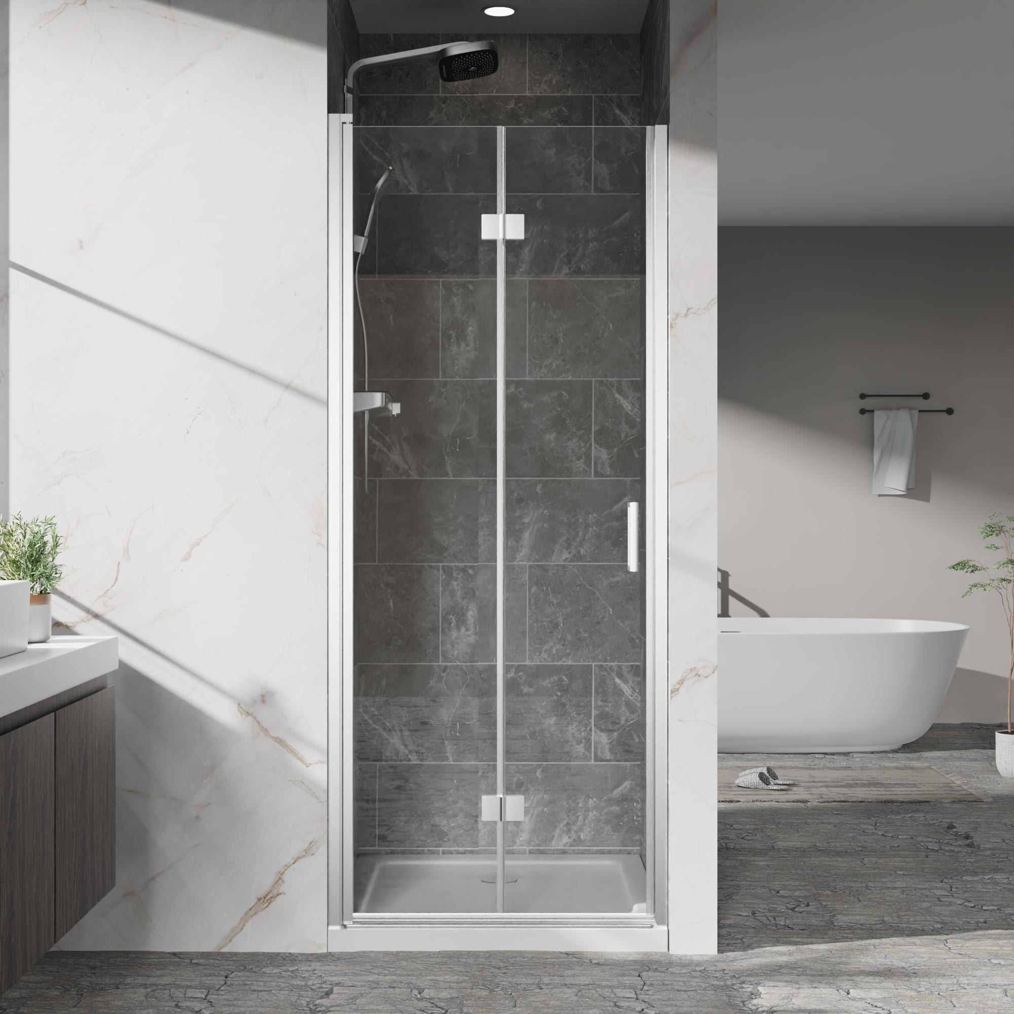 Gdfstudio Nolan Space Saving Pivot Bifold Frameless Shower Door With Dual Swing Hinges And Leak Resistant Seal System