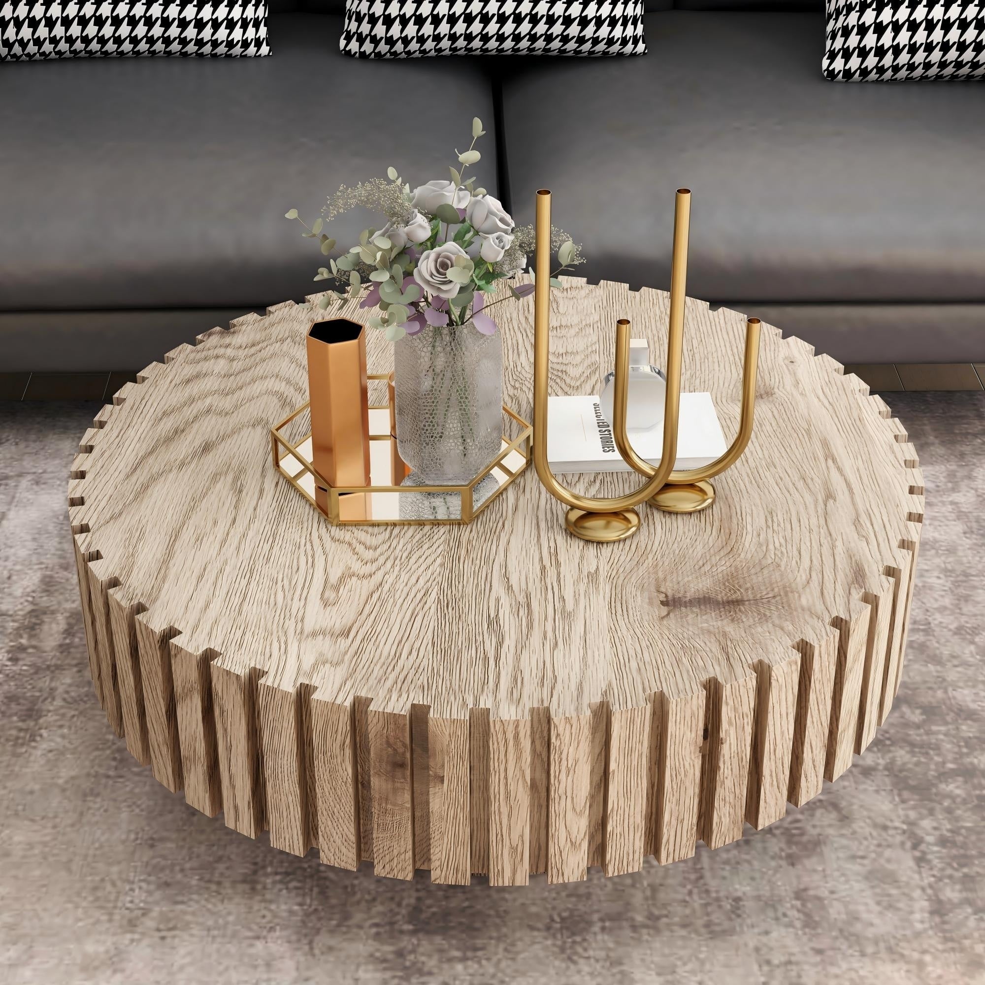 Gdfstudio Norwyn Minimalist Aesthetics Round Coffee Table With Sturdy Base And Handcrafted Relief Carving 31.5 W