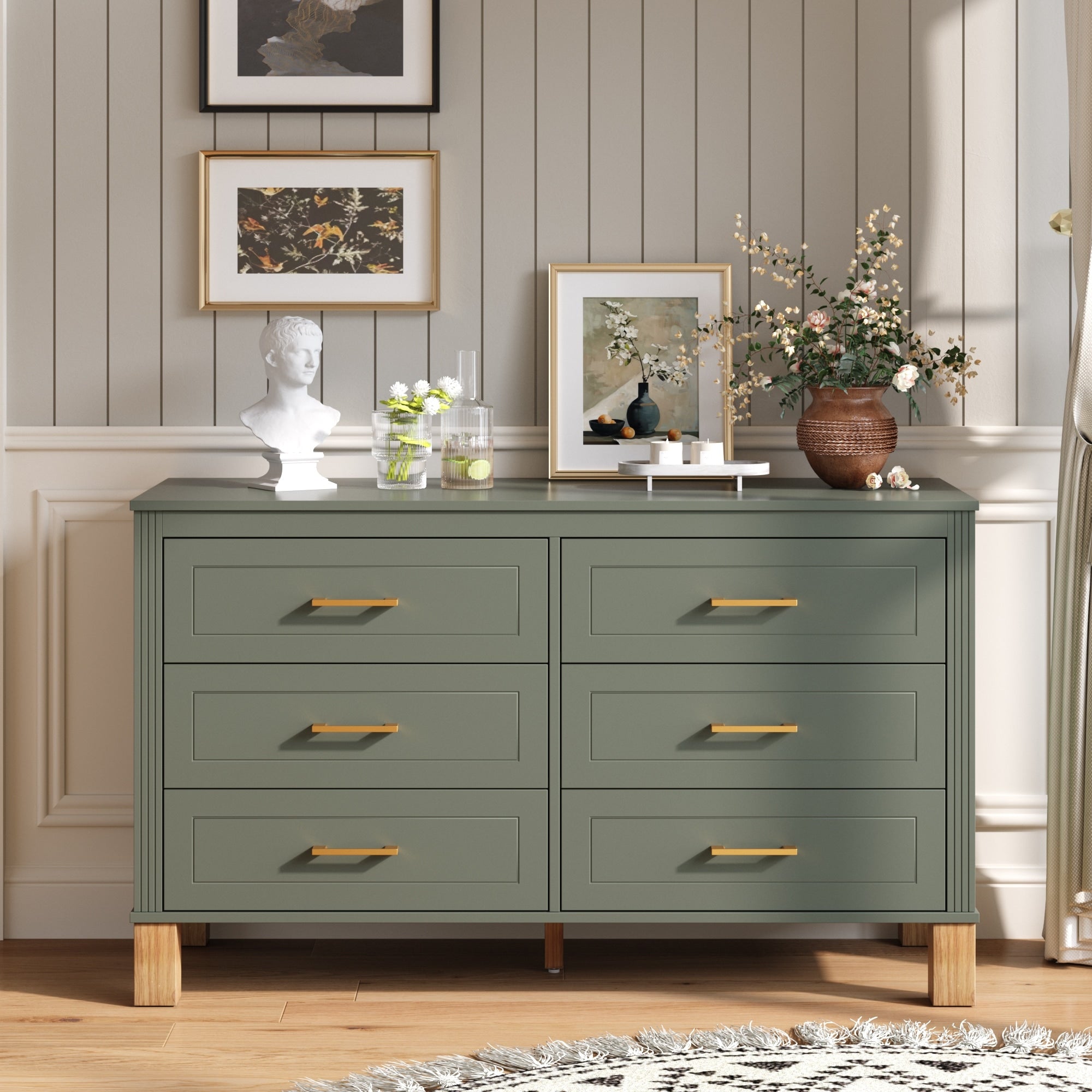Gdfstudio Olive Haven Modern Wooden 6 Drawer Double Dresser With Solid Wood Legs