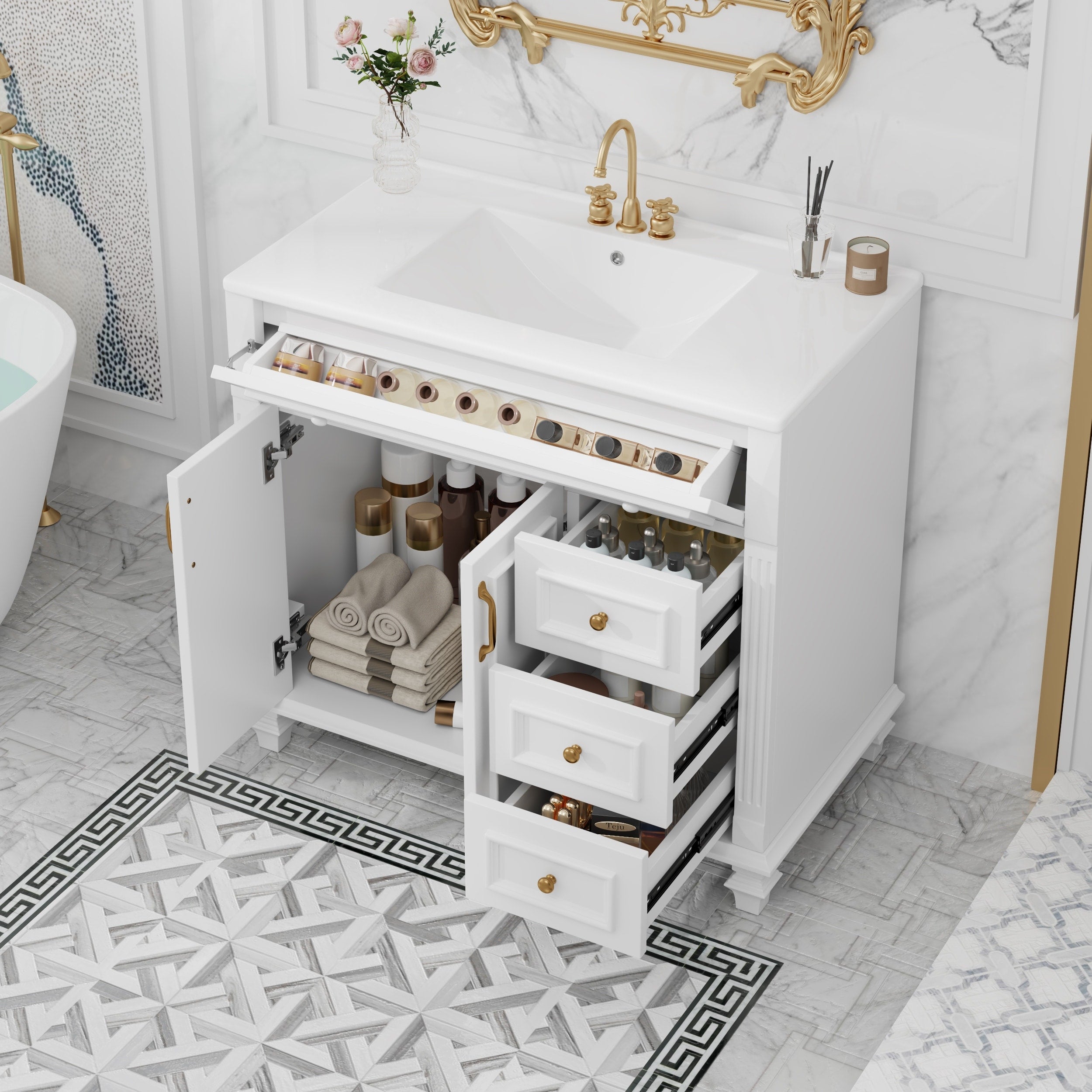 Gdfstudio Oliver Bennett 36 Inch Freestanding Bathroom Vanity With Flip Out Storage And Refined Wood