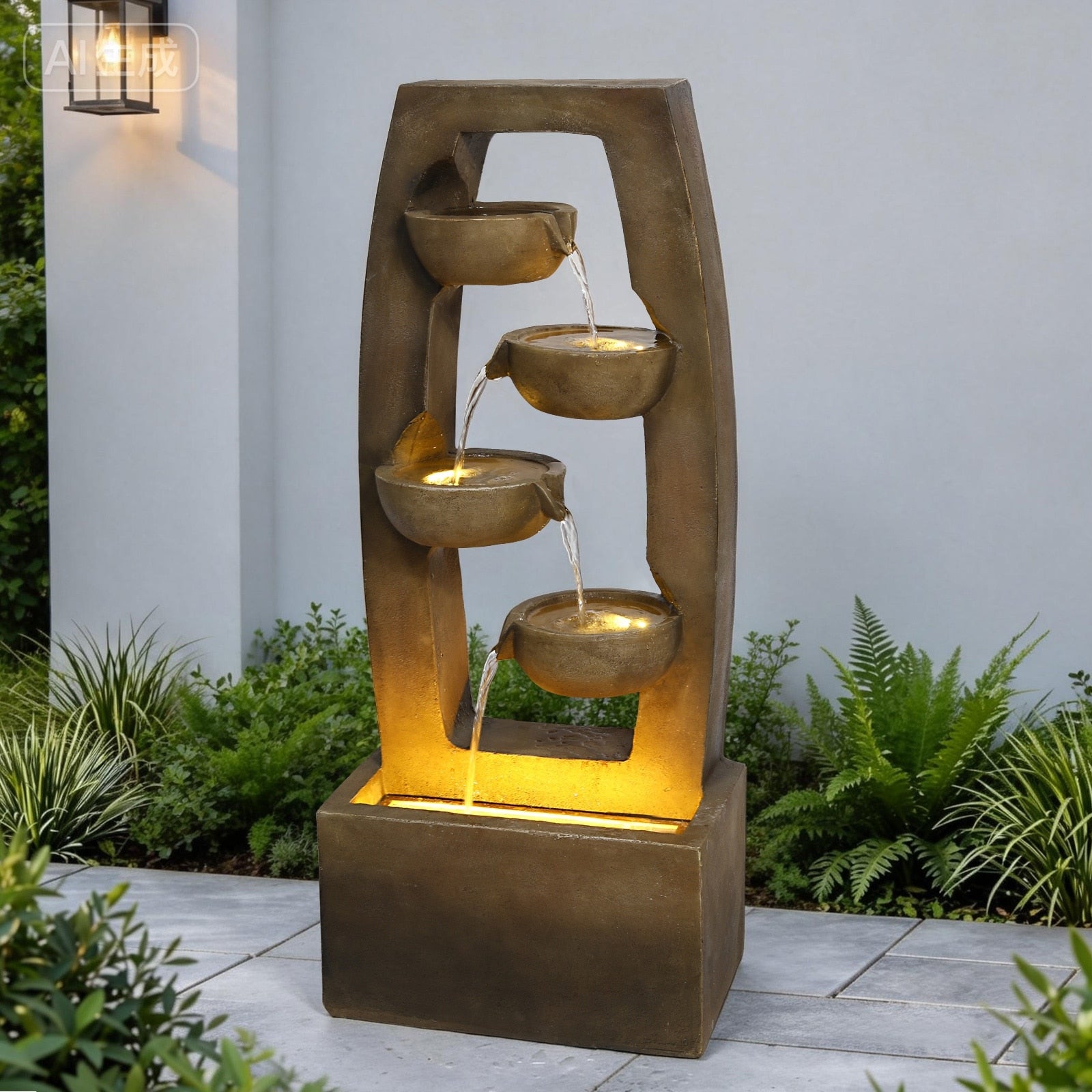 Gdfstudio Outdoor 37.6 H Resin 4 Tier Cascading Water Fountain With Led Lights
