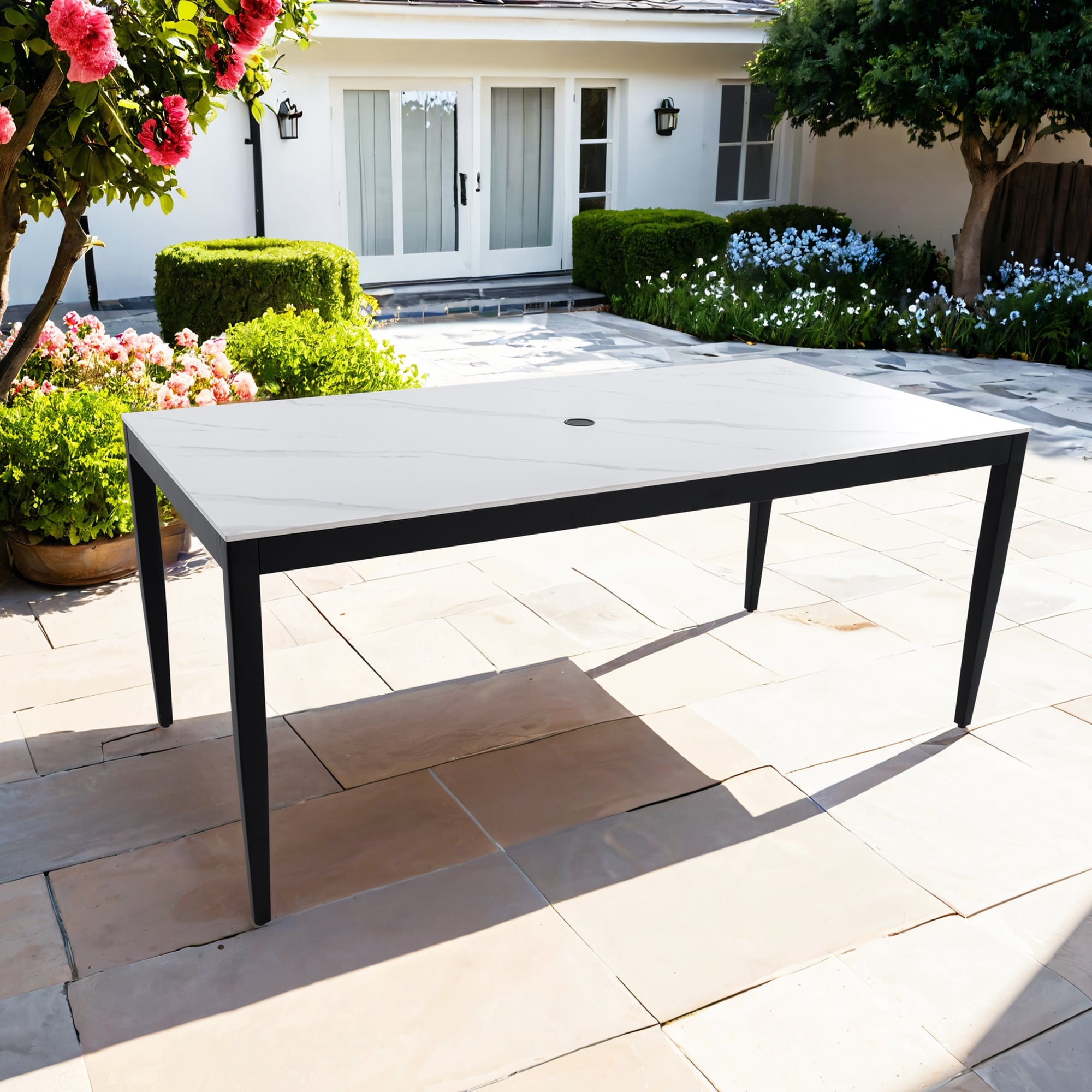 Gdfstudio Outdoor Aluminum Dining Table With Rectangular Sintered Stone Top Umbrella Hole