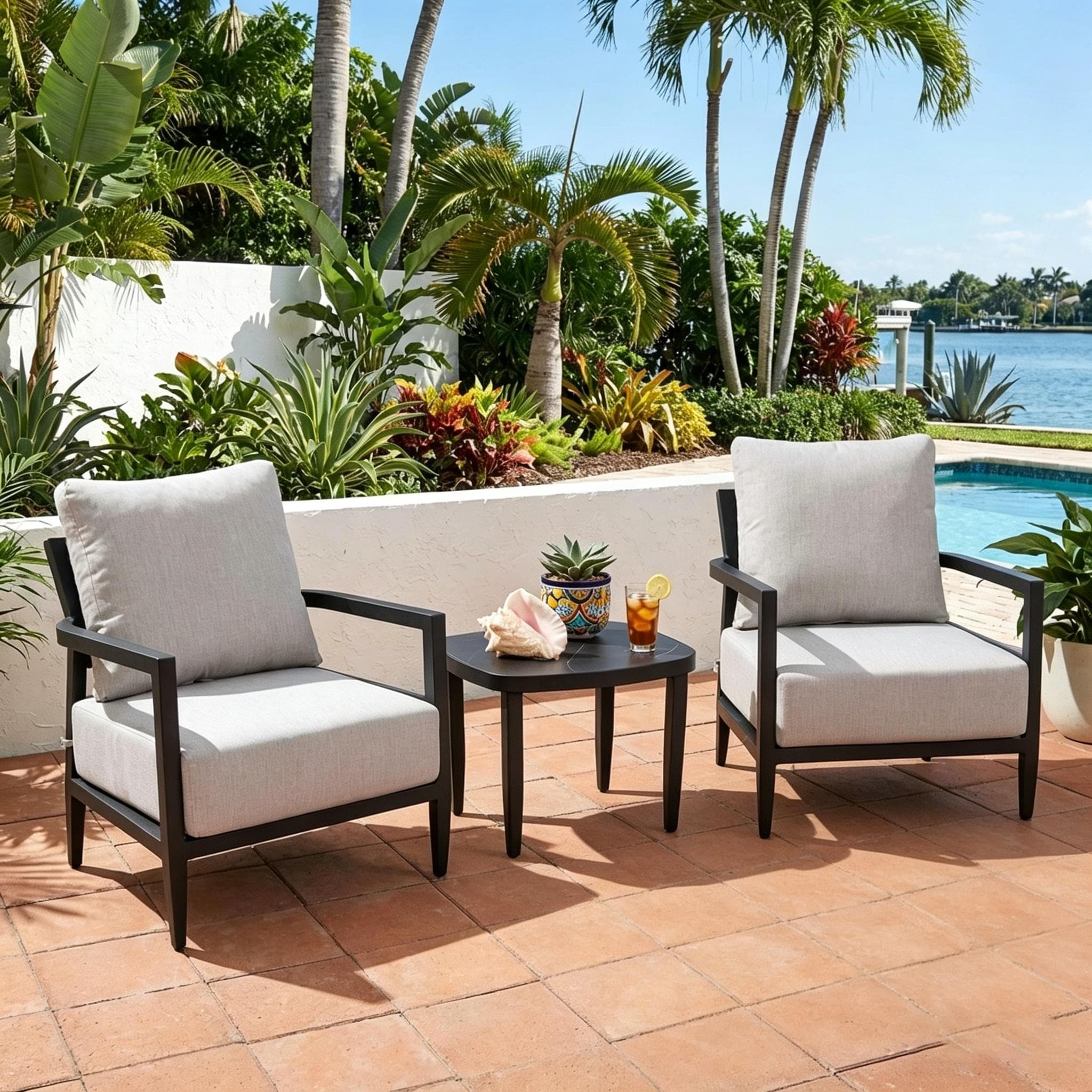 Gdfstudio Outdoor Aluminum Patio Chat Set With Sintered Stone Side Table Soft Cushion Ergonomic Design