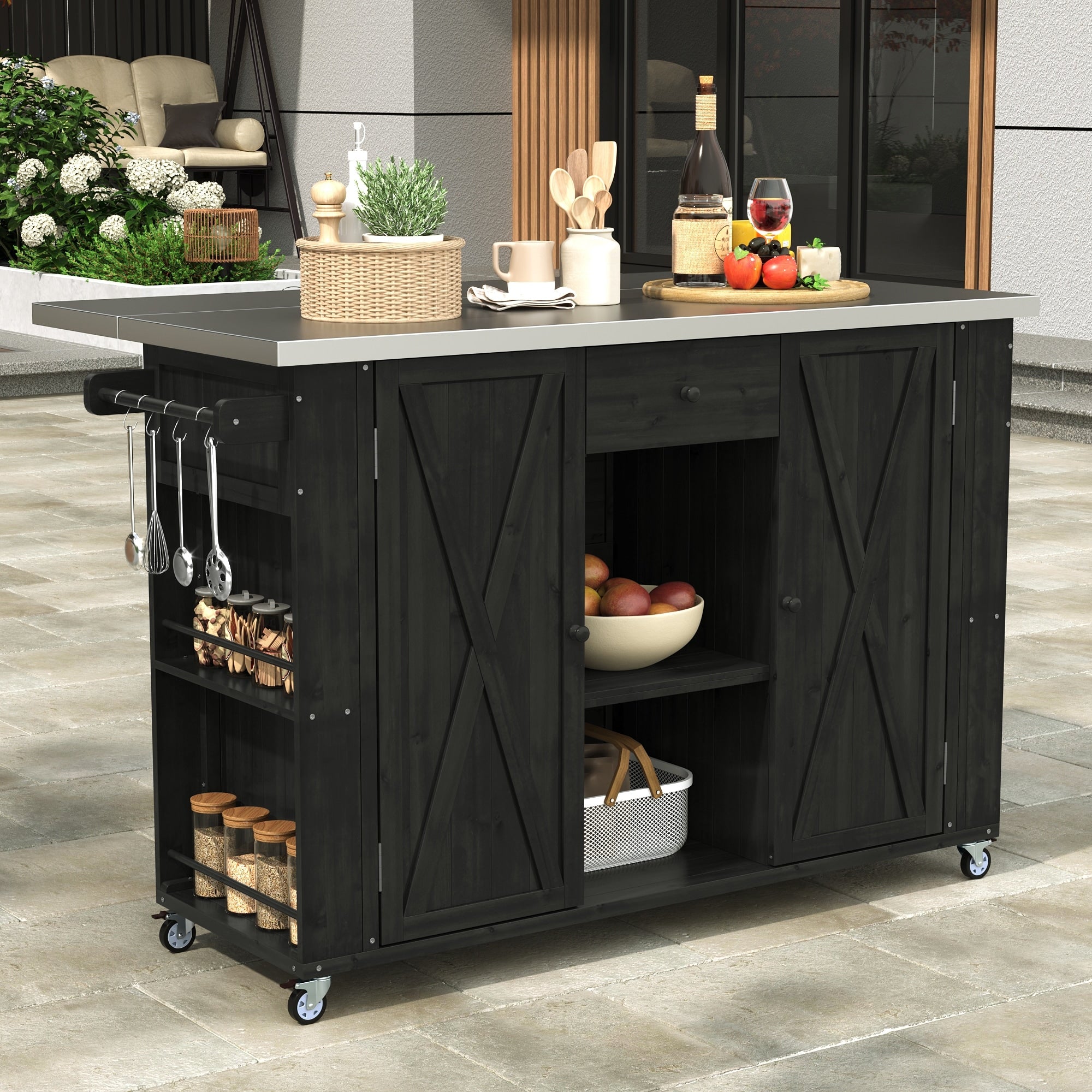 Gdfstudio Outdoor Fir Wood Kitchen Island With Stainless Steel Top