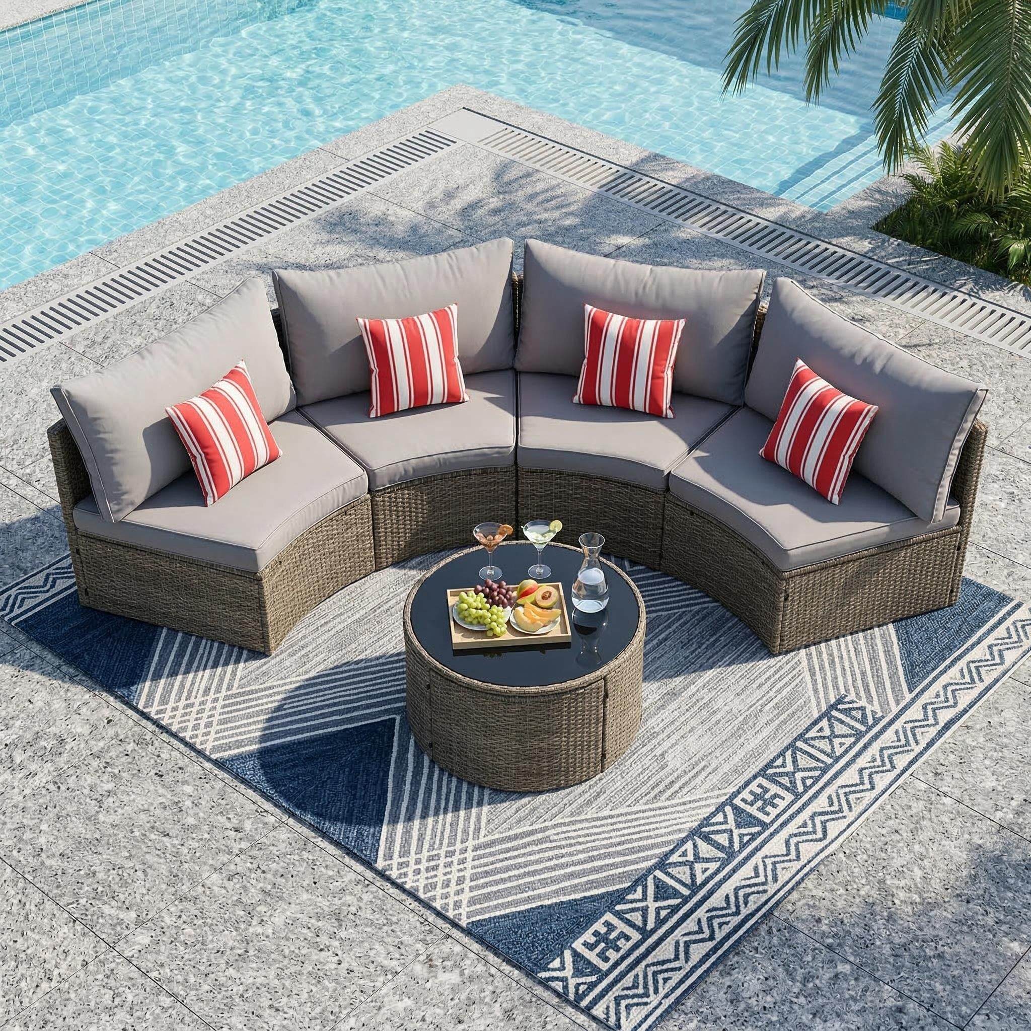 Gdfstudio Outdoor Half Moon Wicker Sectional Sofa Set With Table Modular Patio Conversation Set
