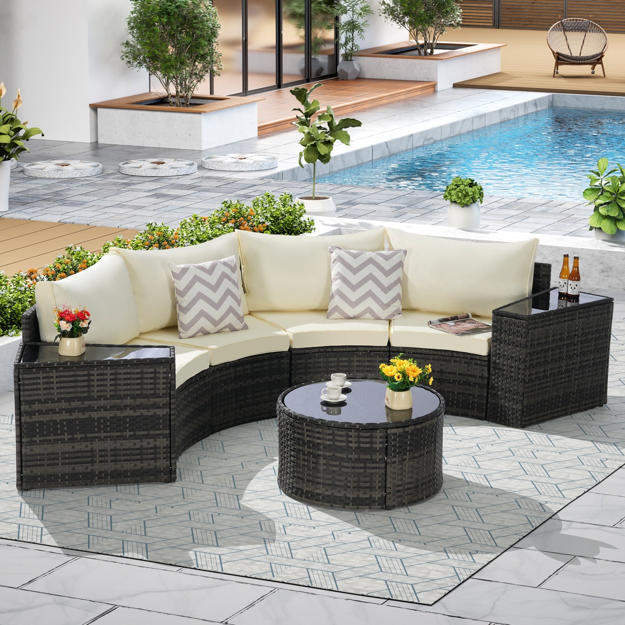 Gdfstudio Outdoor Half Moon Wicker Sectional Sofa Set With Tables Patio Conversation Set