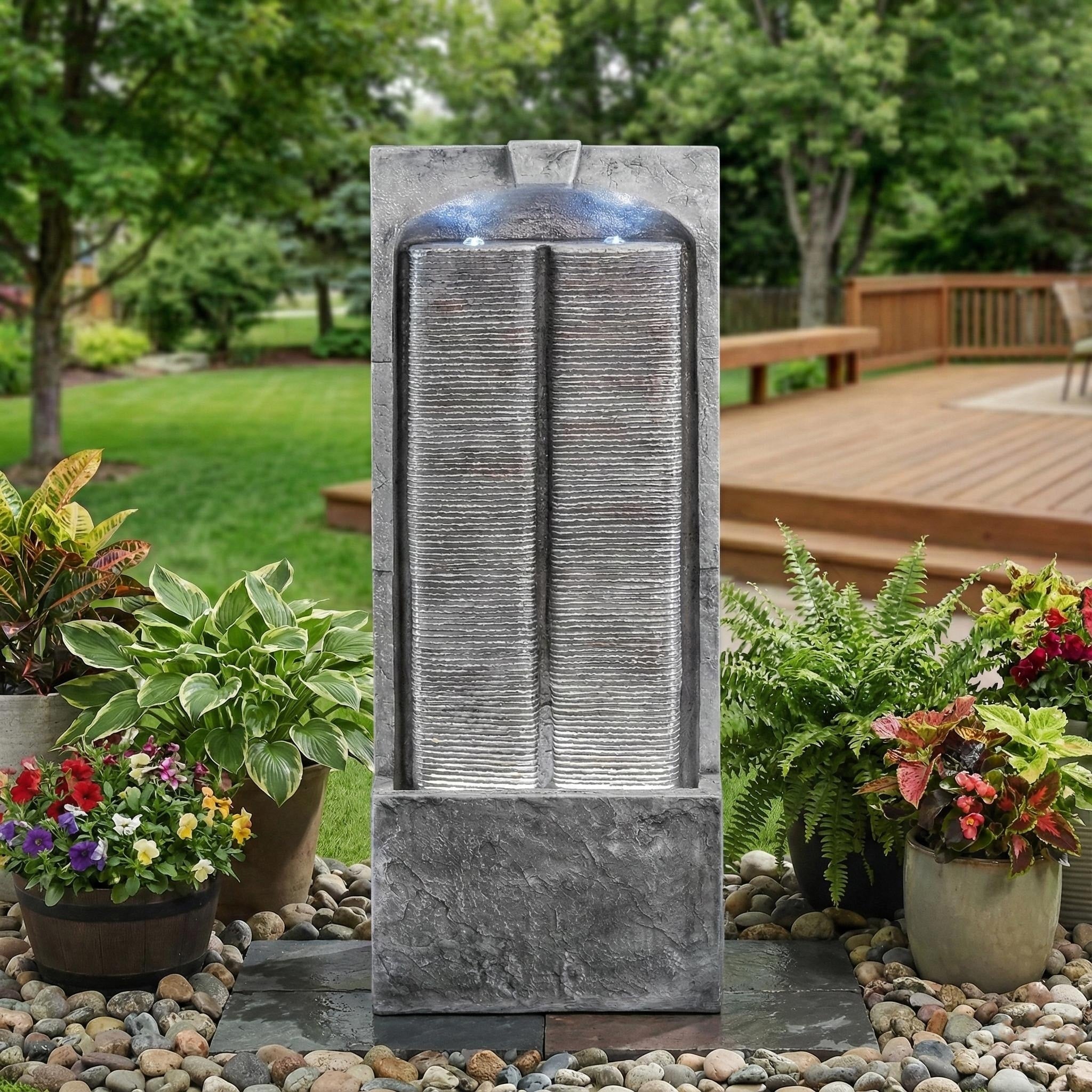 Gdfstudio Outdoor Resin Fiberglass Cascading Water Fountain With Led Lights Quiet Pump For Patio Garden