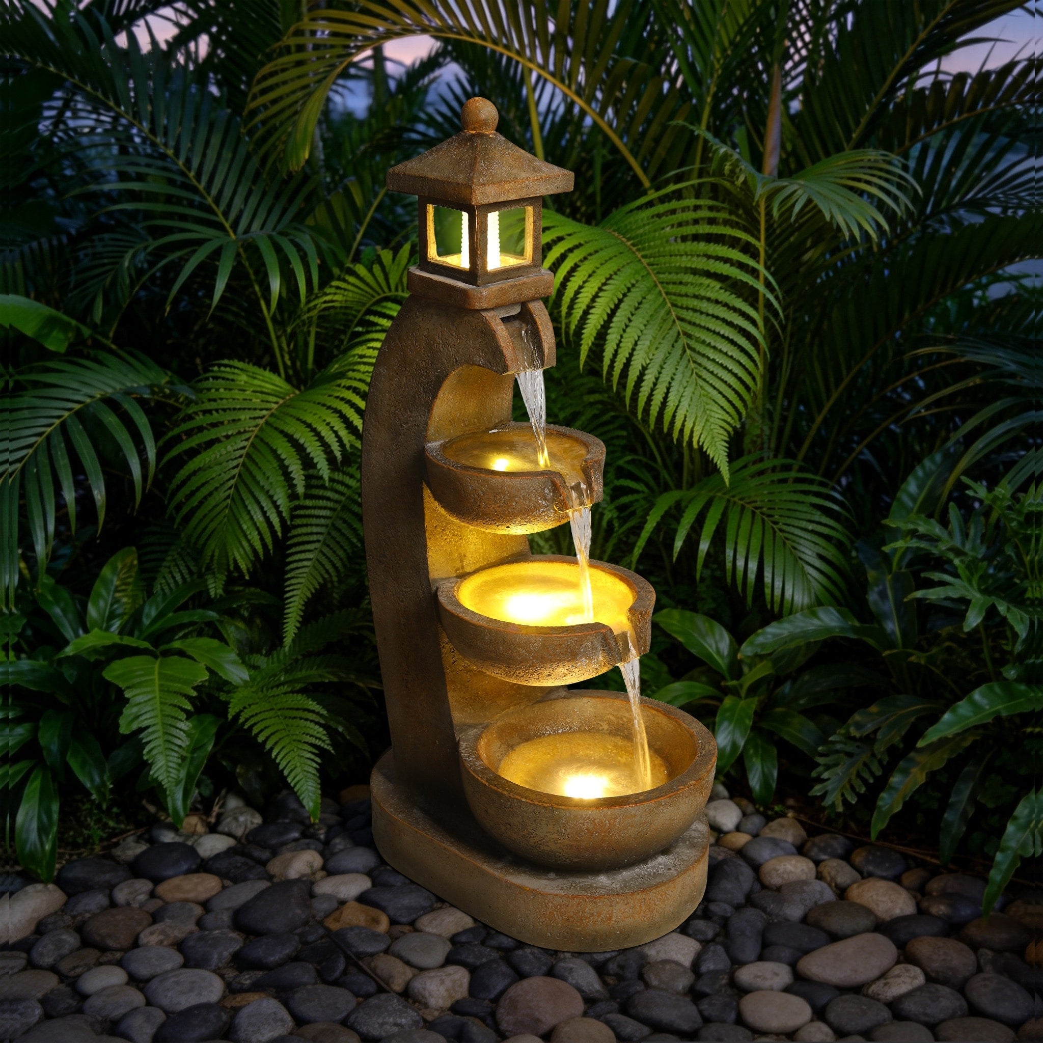 Gdfstudio Outdoor Resin Lantern Style 4 Tier Cascading Led Light 35.4 H Compact Garden Patio Water Fountain