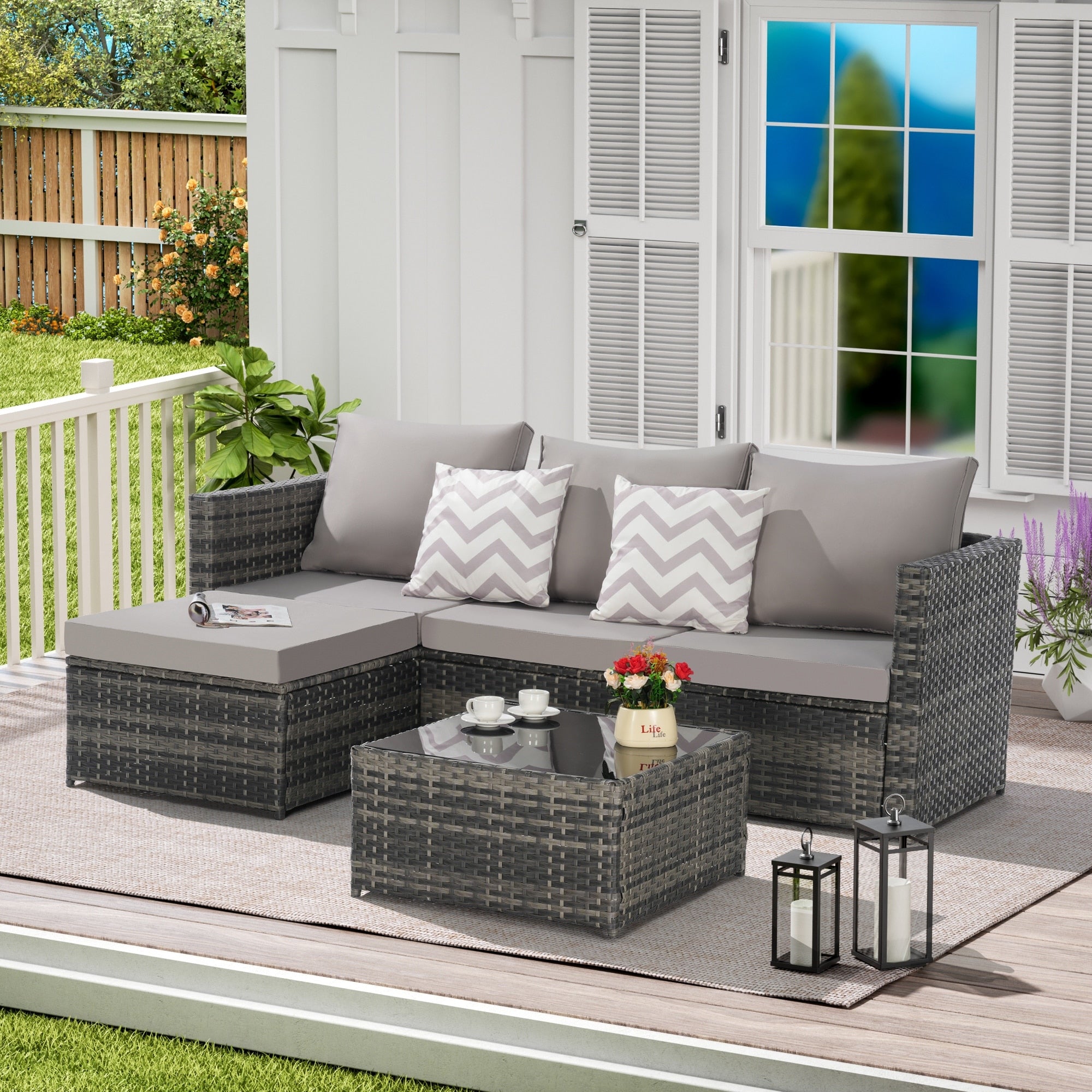 Gdfstudio Outdoor Wicker Sectional Sofa Set With Ottoman Table Modular Patio Conversation Set