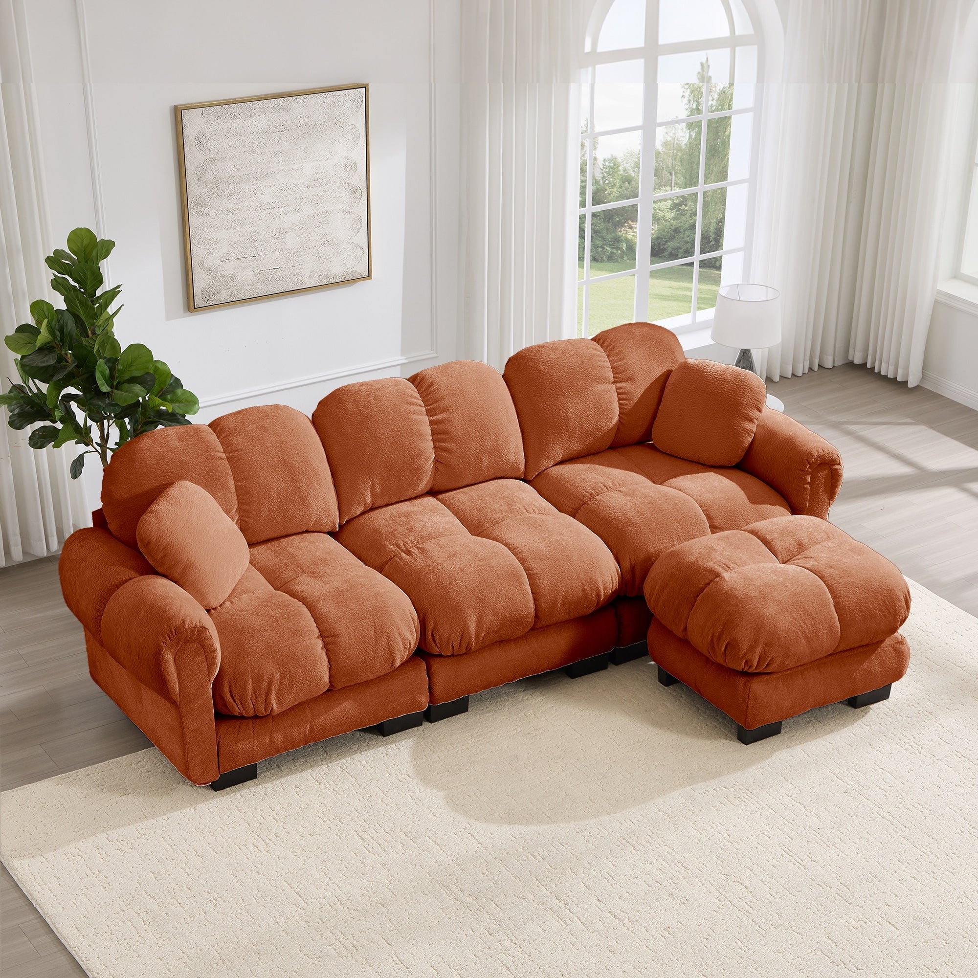 Gdfstudio Oversize Chenille L Shaped 103.9 3 Seater Sofa With Quilted Cushions Pillows Movable Ottoman