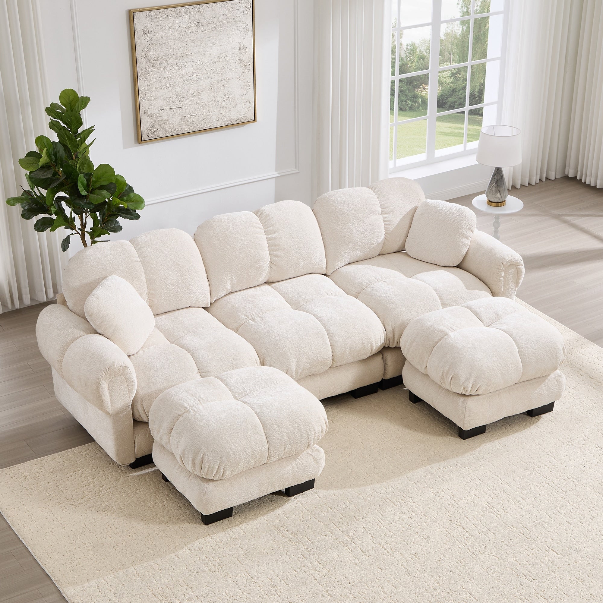 Gdfstudio Oversize Chenille U Shaped 103.9 3 Seater Sofa With Quilted Back Pillows And 2 Movable Ottomans