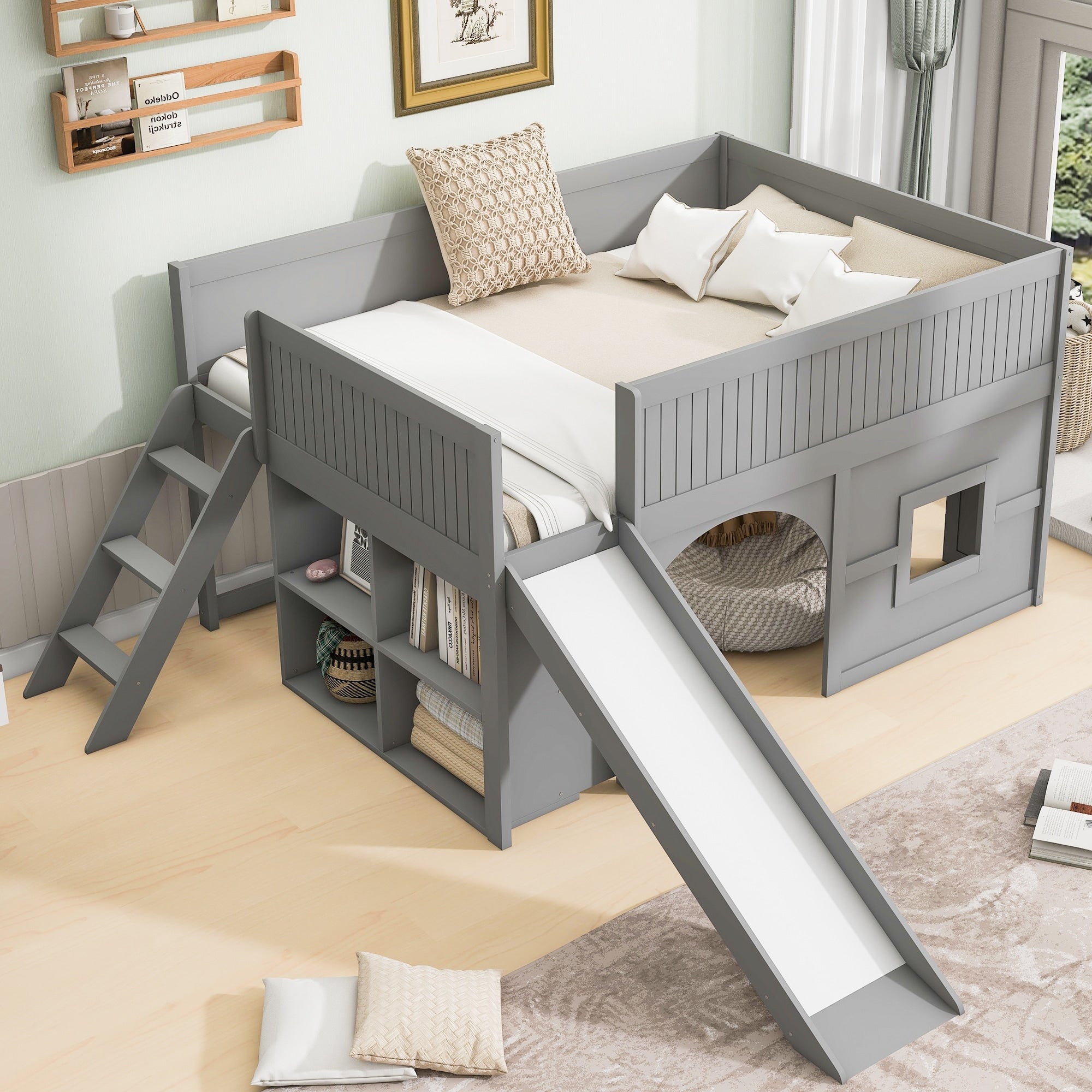 Gdfstudio Playhaven Modern Wooden Low Loft Bed With Storage Shelves And Slide